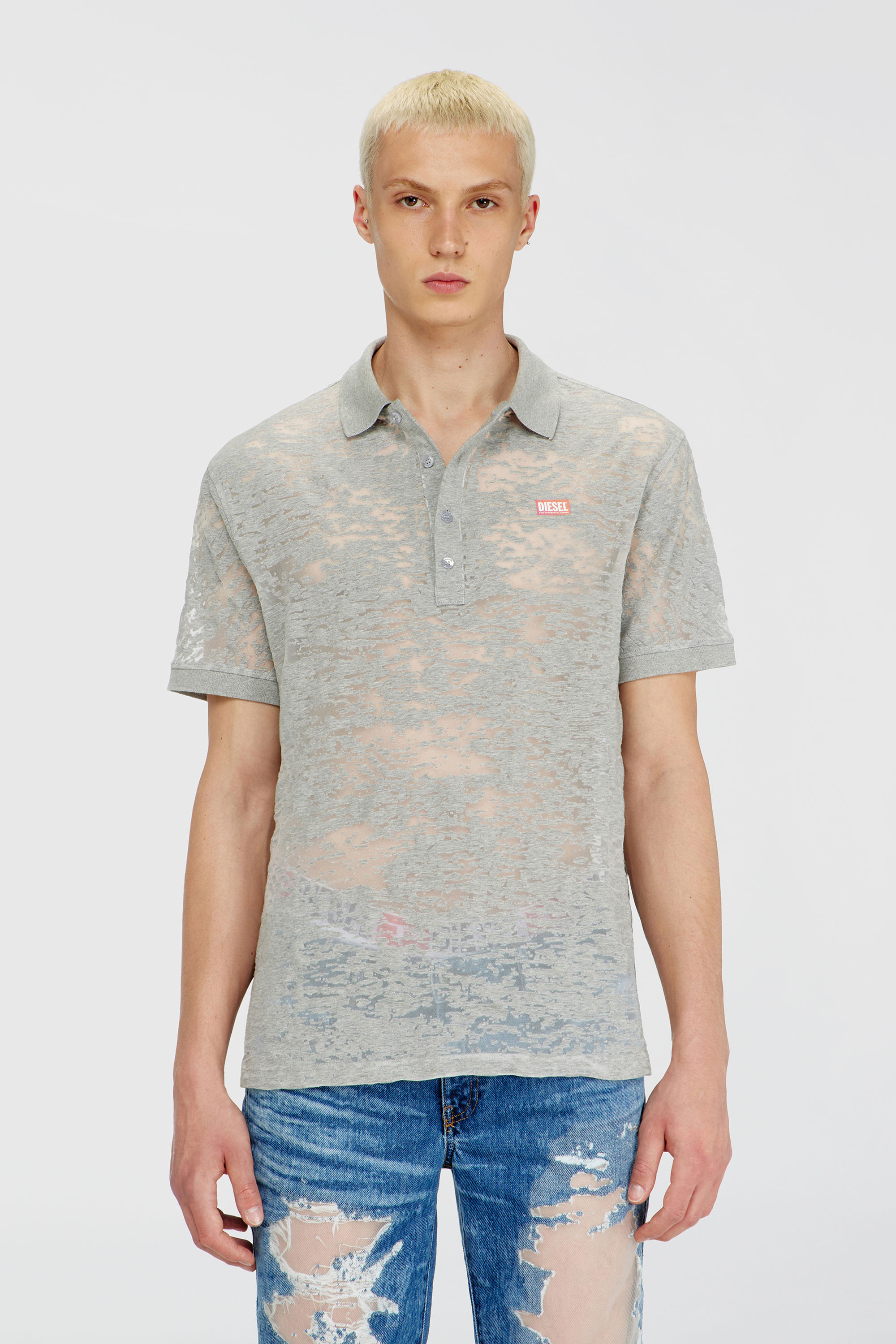 Diesel - PR-T-REJUST, Herren Poloshirt aus all-over devor&eacute;-Jersey in Hellgrau - 3
