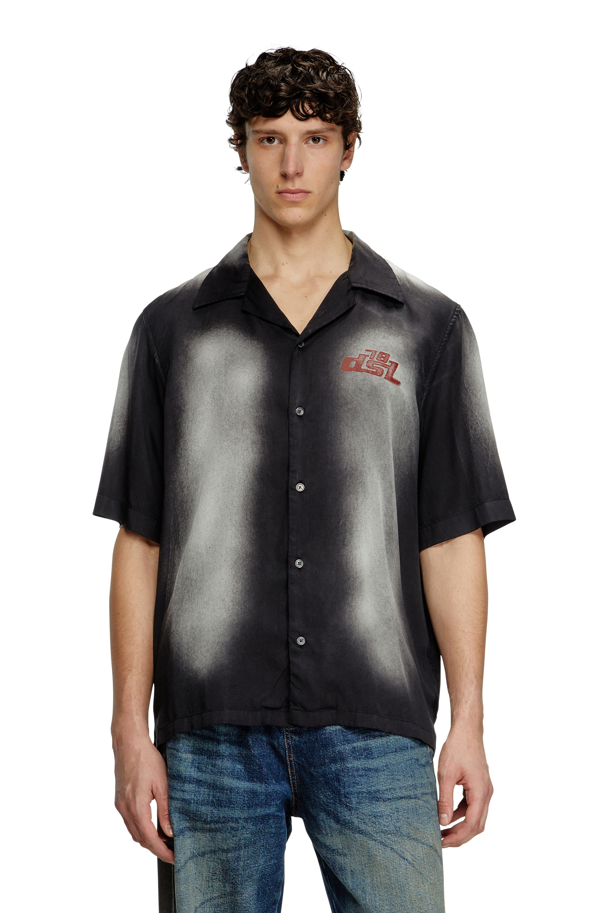 Diesel - S-ELLY, Herren Verblasstes Bowling-Hemd mit Logo-Prints in Schwarz - 1