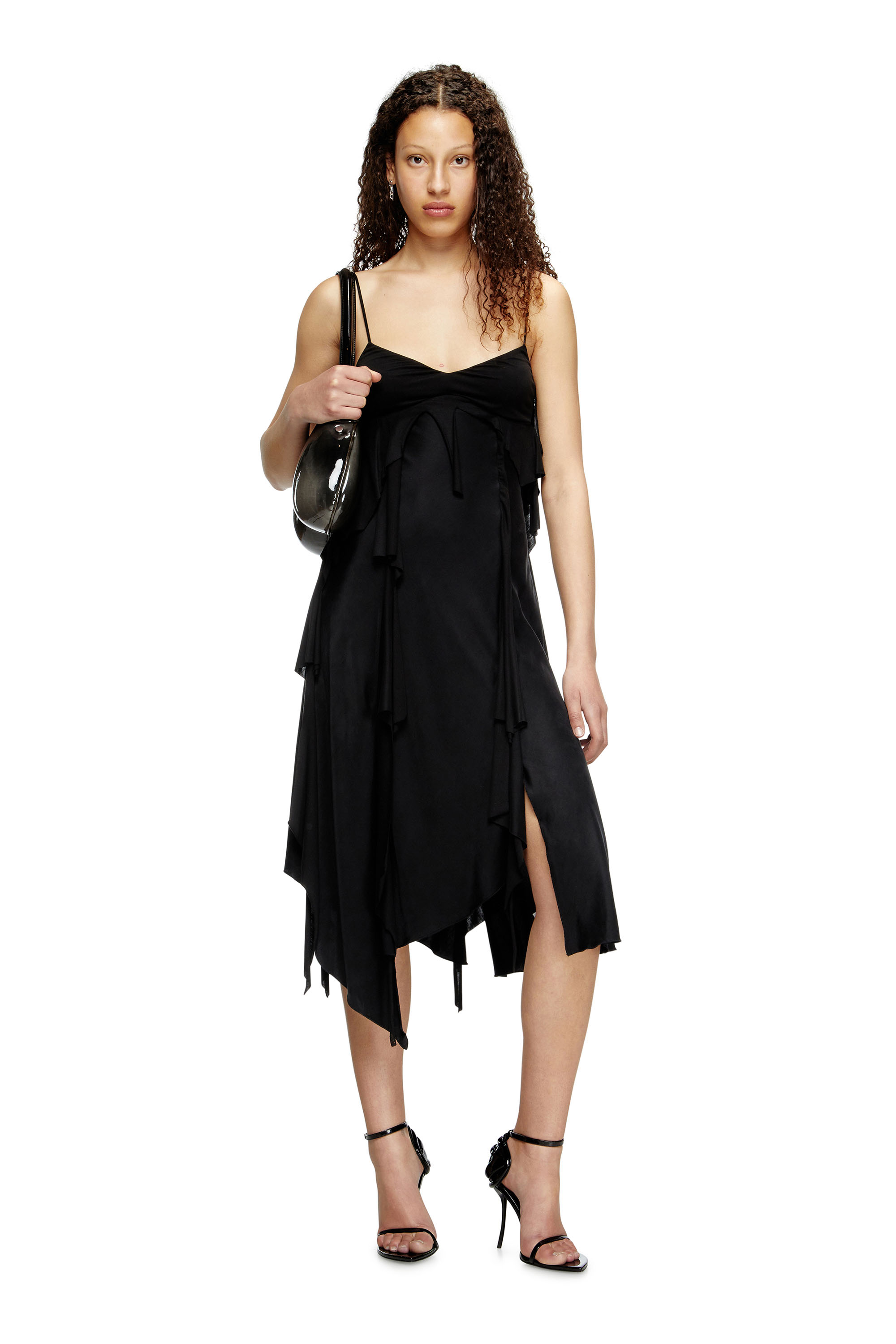 Diesel - D-ANCER, Damen Kleid aus Satin mit rohen Rüschen in Schwarz - 1