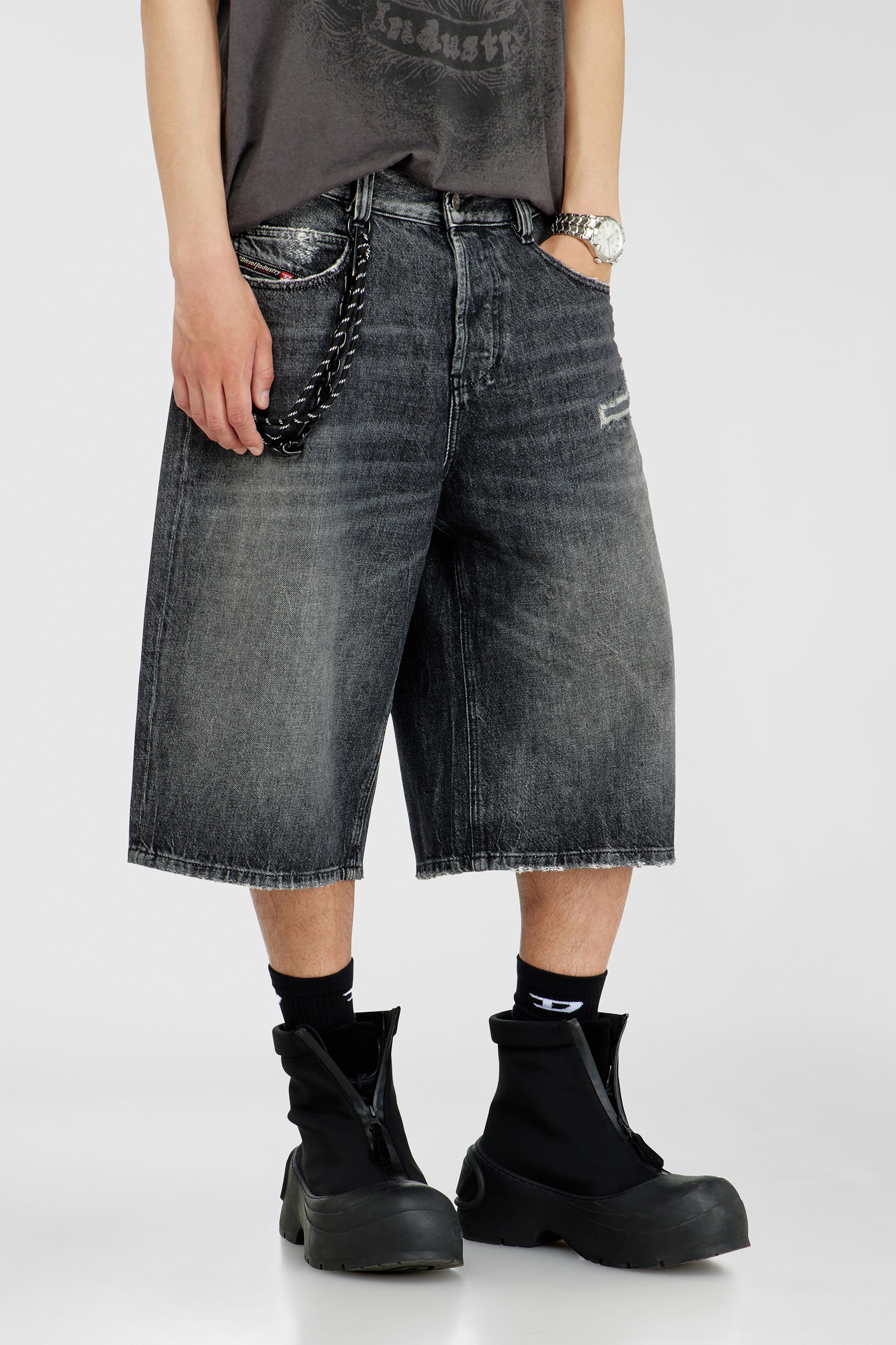 Diesel - D-ENIM-M-SHORT, Unisex Denim relaxed shorts mit Abrasionen in Dunkelgrau - 7