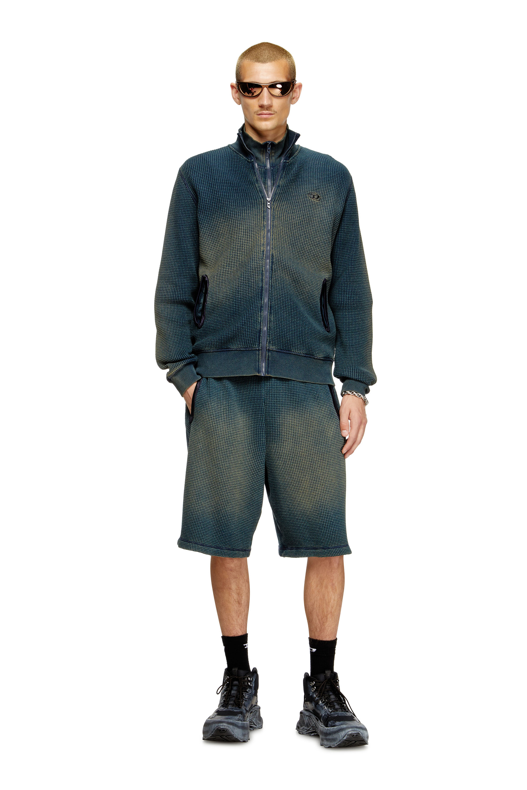 Diesel - S-WAFY-ZIP, Herren Sweatshirt mit Reißverschluss aus Waffelstoff und Jersey in Dunkelblau - 3