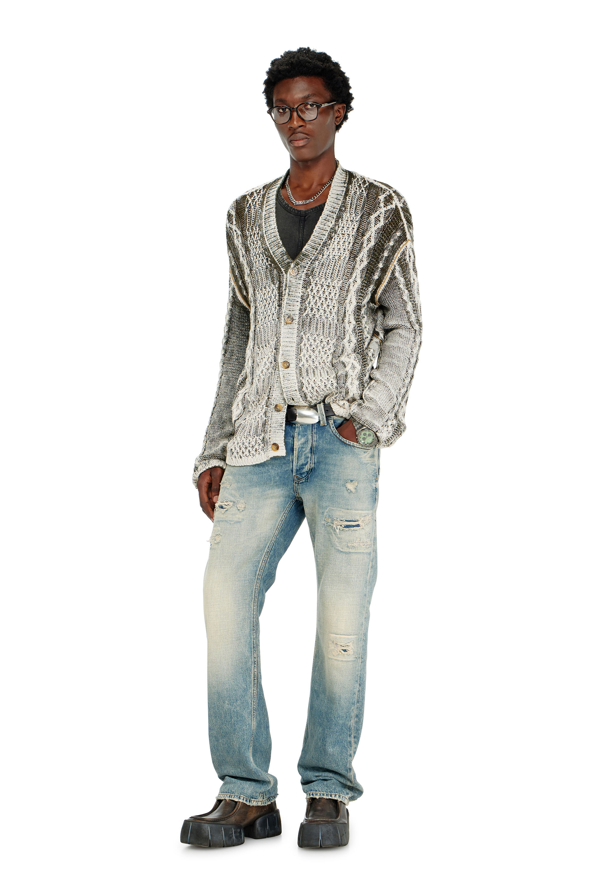 Diesel - K-MIOTO, Herren Behandelter Cardigan aus Zopfmusterstrick in Weiss/Grau - 1