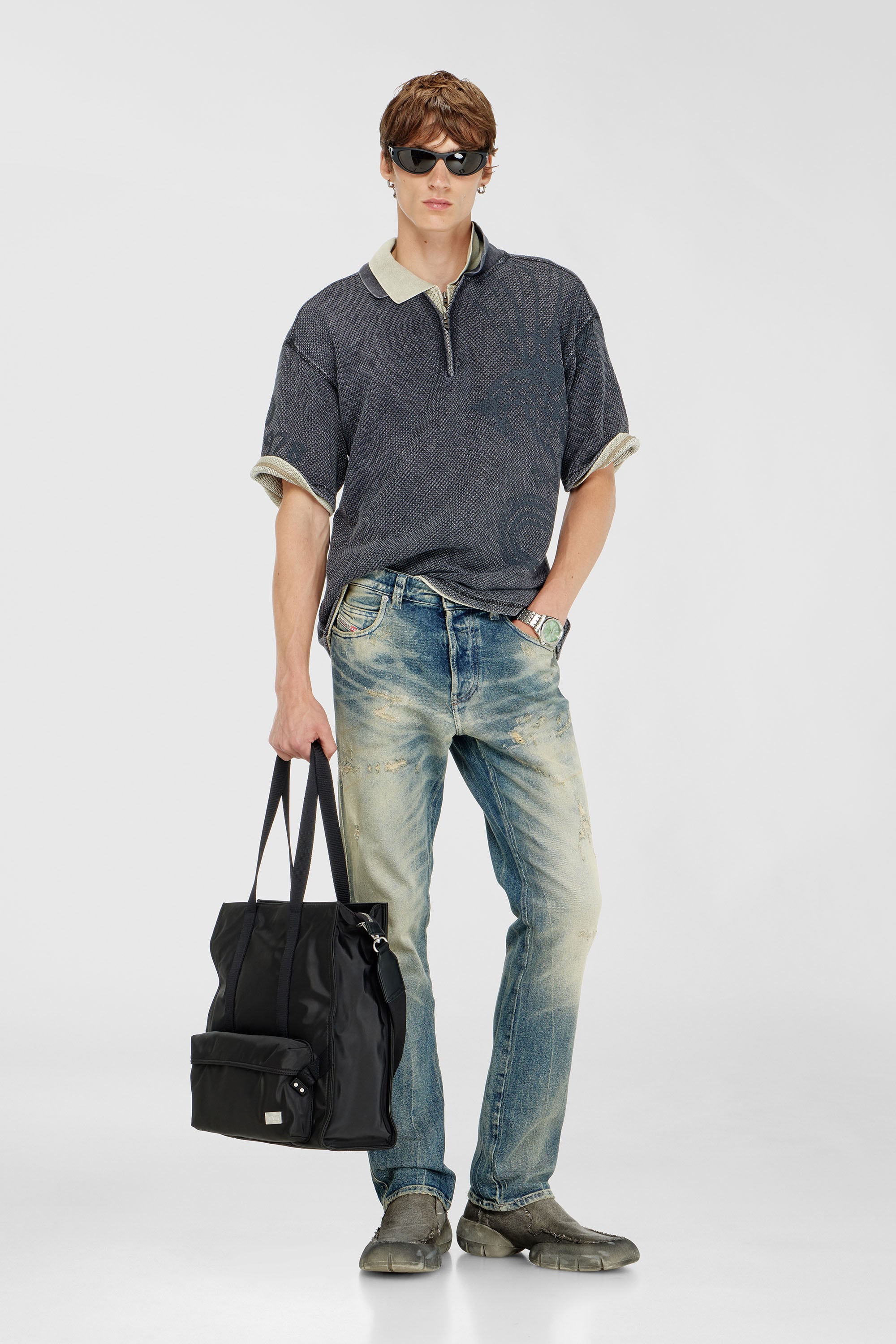 Diesel - T-ERRY-ZIP, Herren Mesh-Jacquard-Poloshirt mit Phoenix-Print in Dunkelgrau - 2