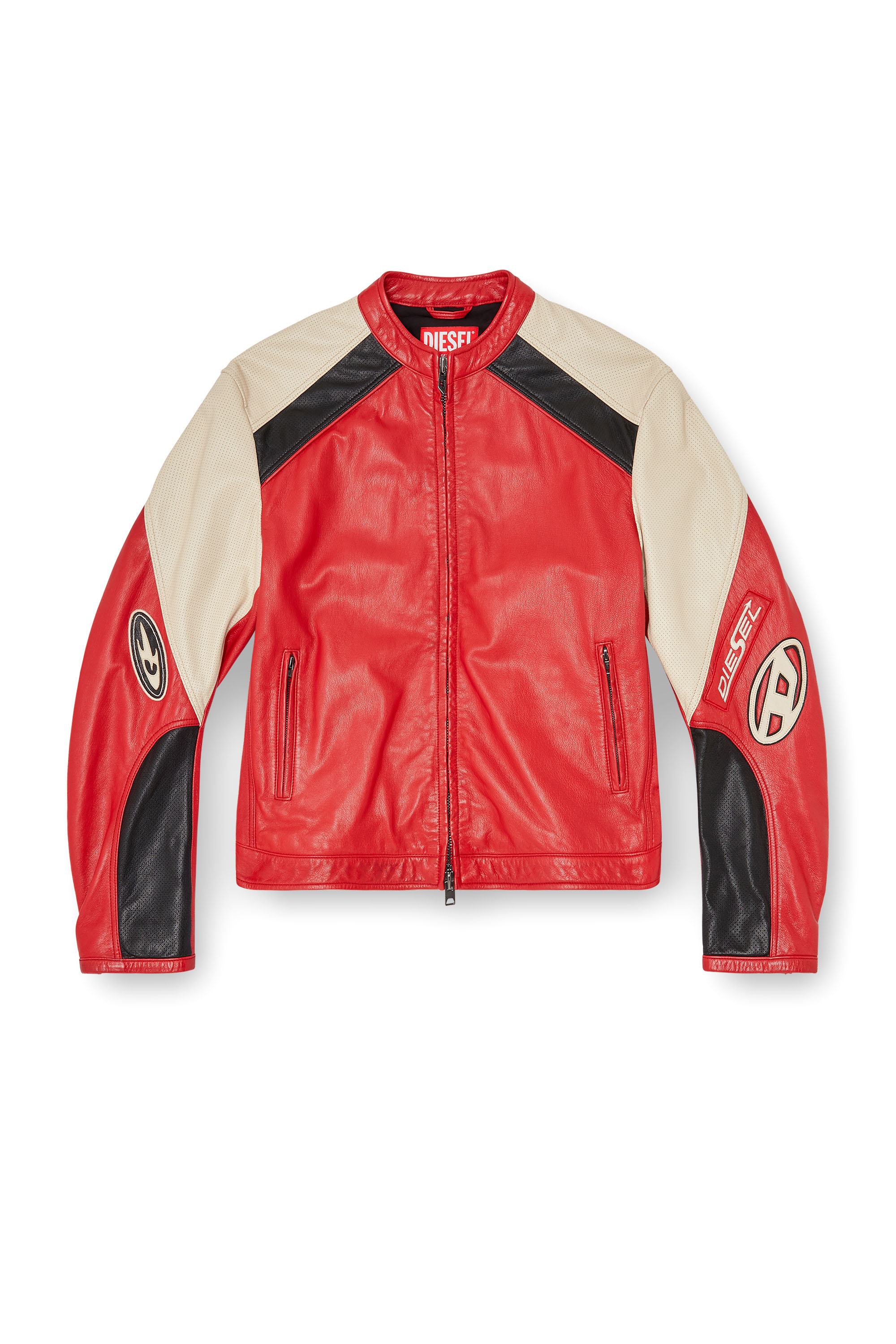 Diesel - L-AHTI, Man's Biker jacket in colour-block perforated leather in Beige/Red - 2