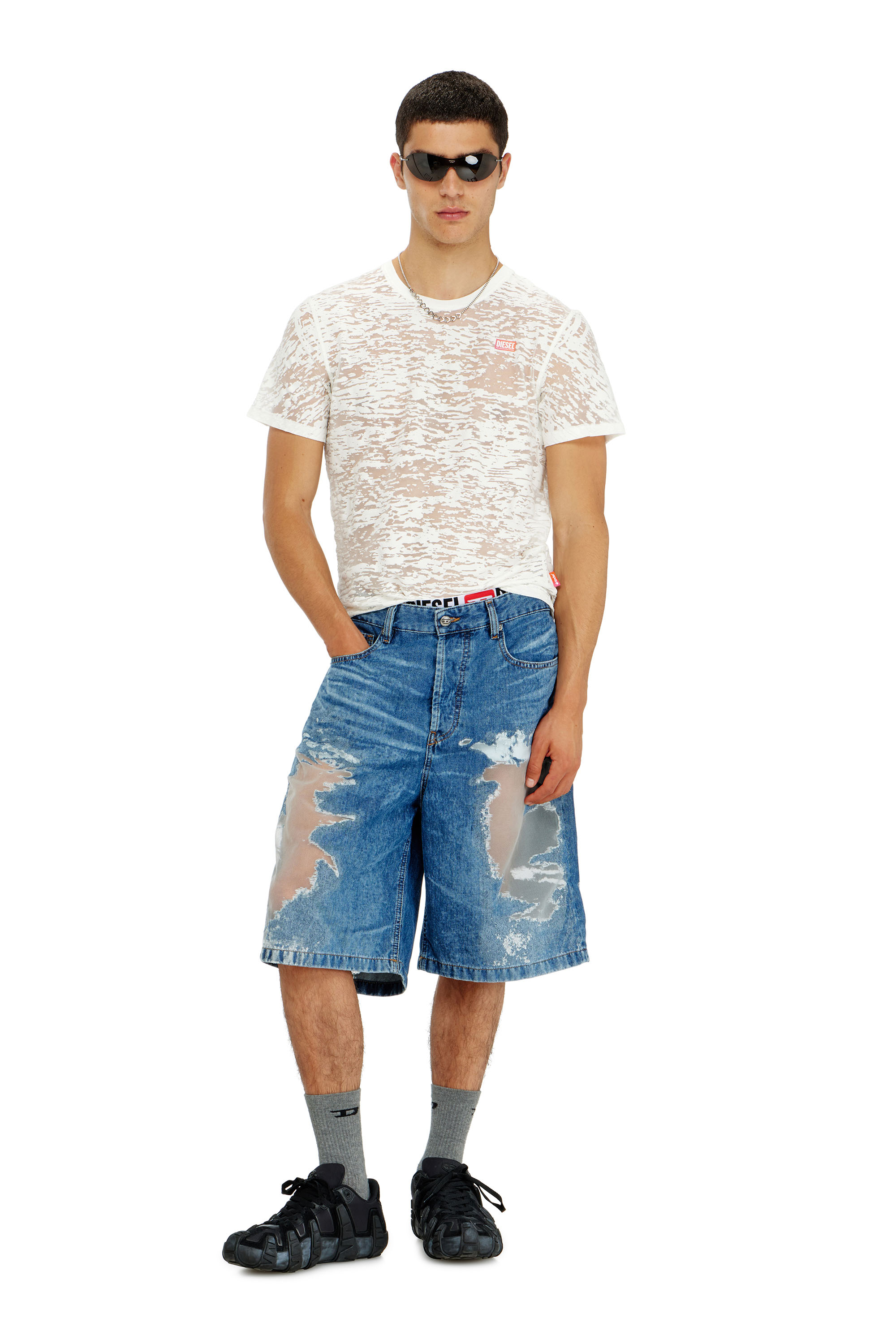Diesel - PR-T-NOTS-MATI-R, Unisex T-shirt aus all-over devor&eacute;-Jersey in Wei&szlig; - 2