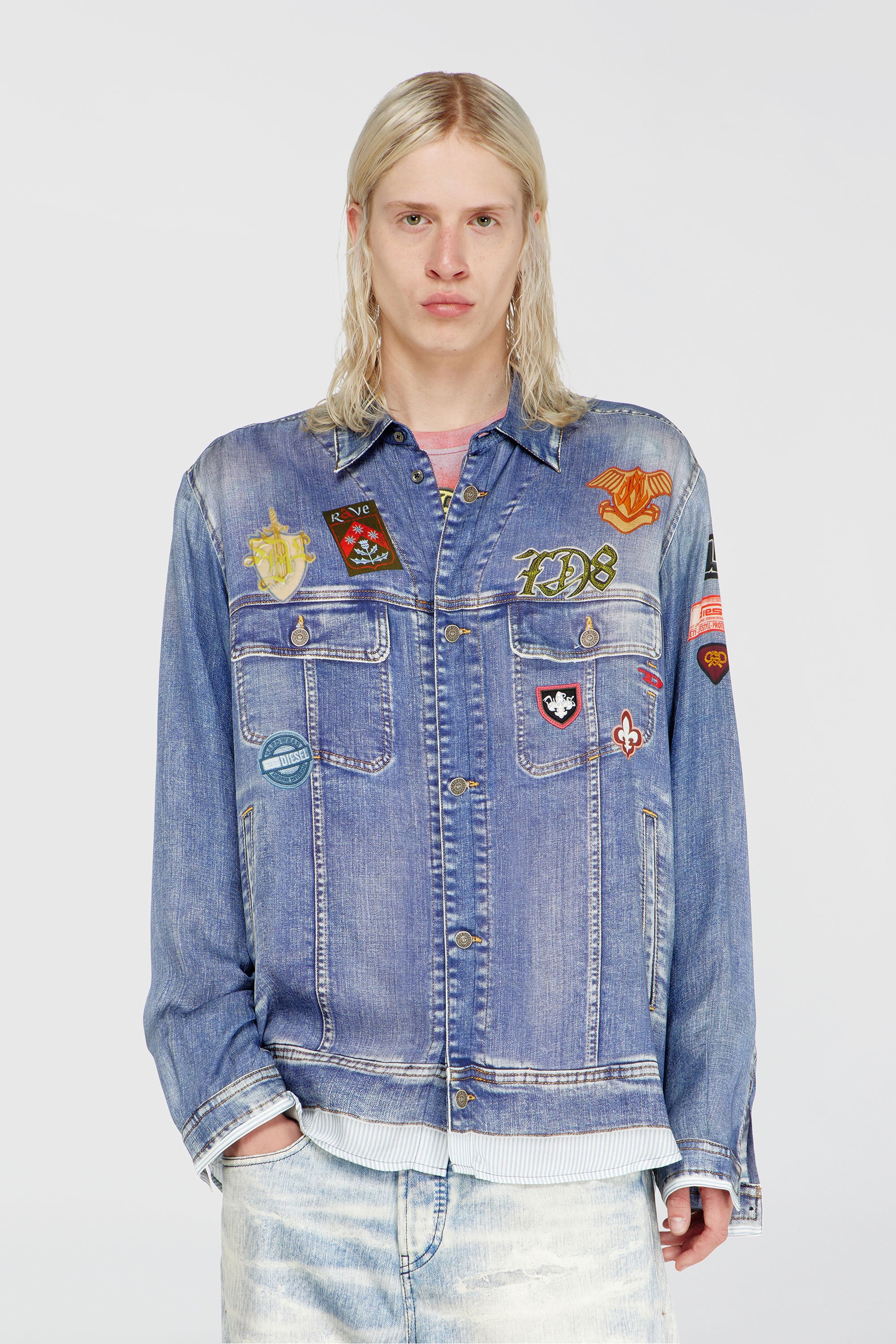 Diesel - S-SIMPLY-PATCH, Man's Satin shirt with trompe-l'oeil denim print in Medium blue - 1