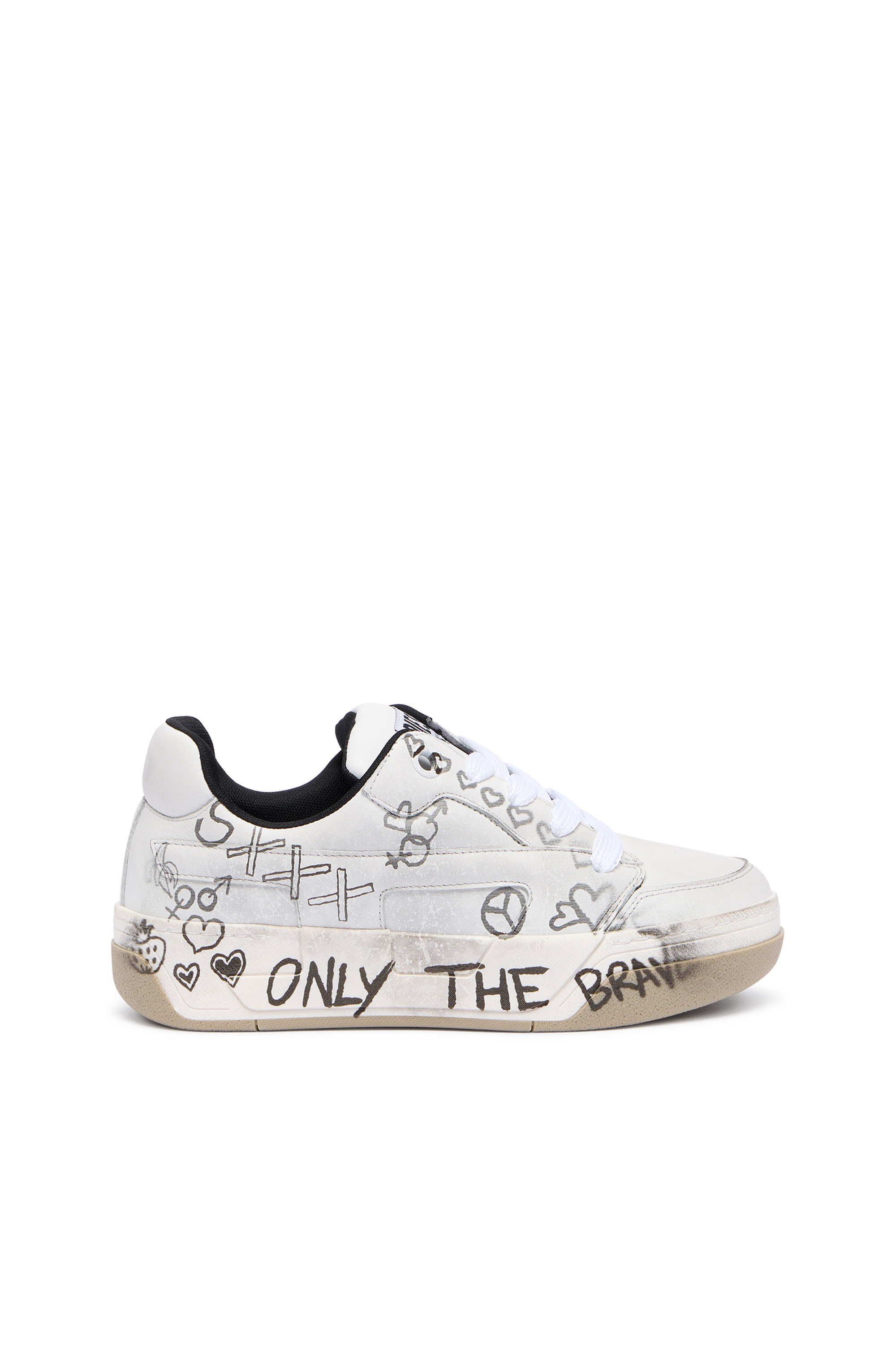 Diesel - S-D-OLLIE LOW W, Damen D-Ollie-Ledersneaker mit Graffiti-Print in Wei&szlig;/Braun - 1