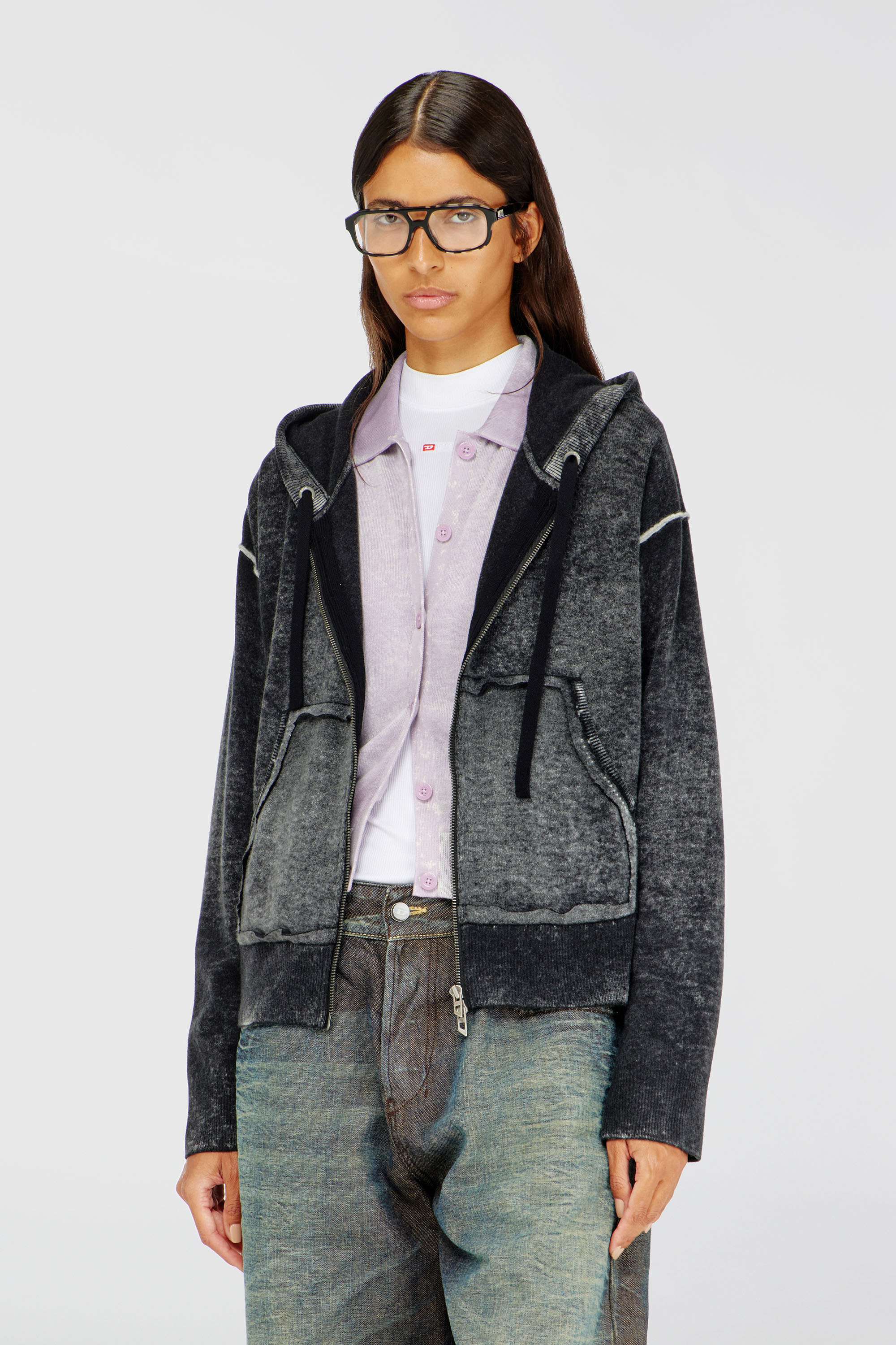 Diesel - M-HERMINE, Damen R&uuml;ckw&auml;rts bedruckte Kapuzenstrickjacke aus Wolle in Schwarz/Grau - 1