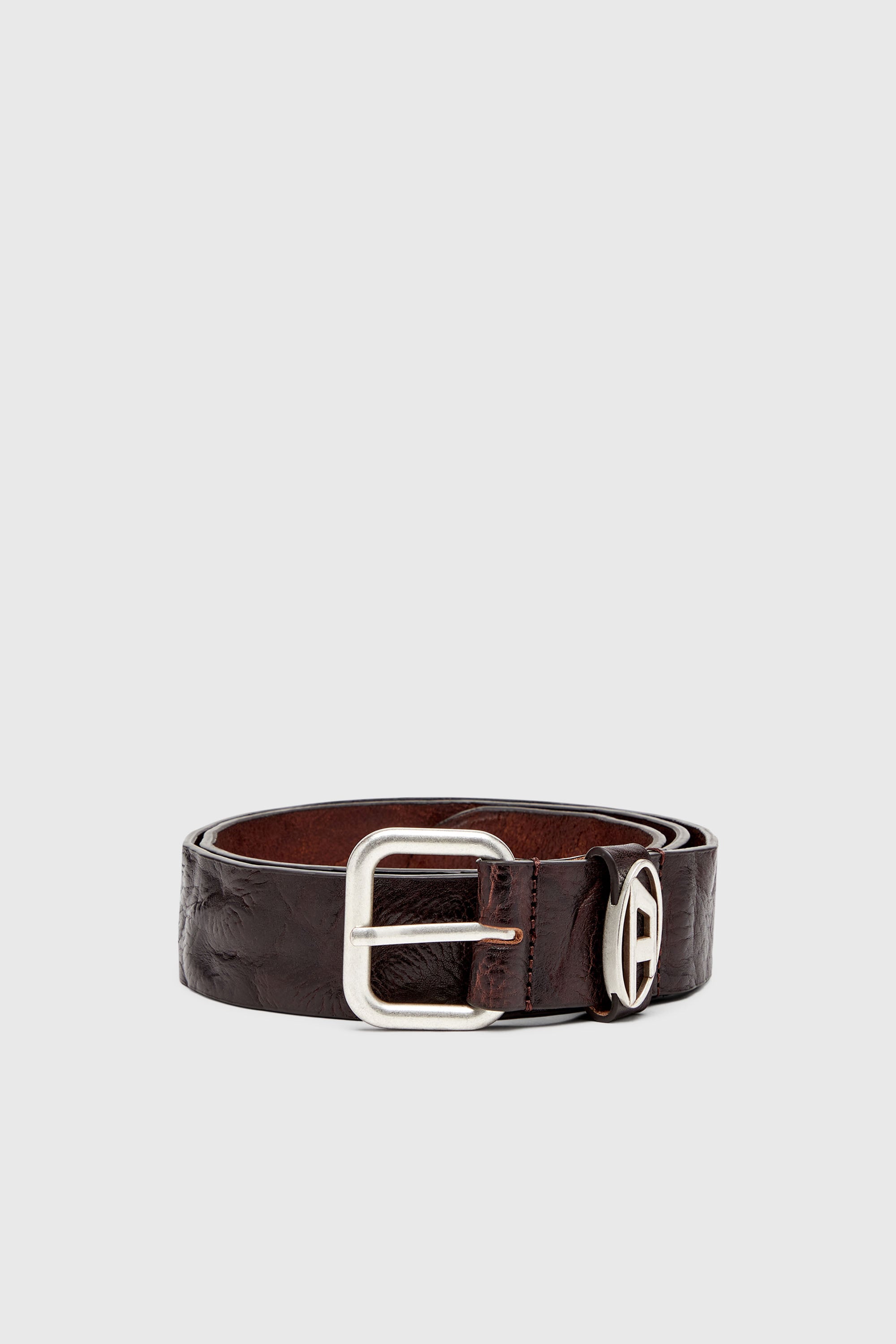 Diesel - B-1DR OVAL D LOOP, Unisex 3.9cm G&uuml;rtel aus Knitter-Leder mit Logo-Plakette in Dunkelbraun - 1
