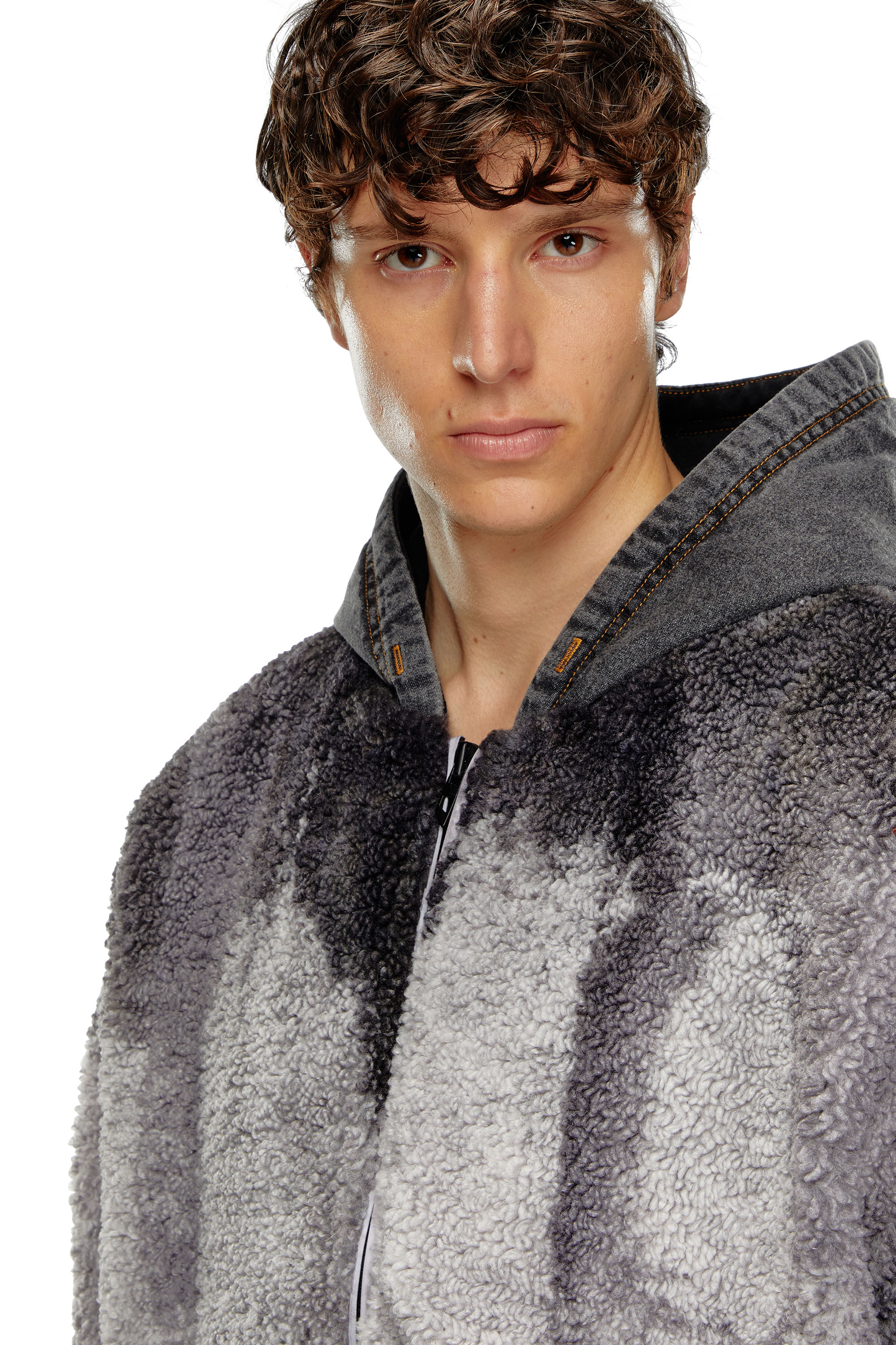 Diesel - S-DEPLA, Herren Batik-Teddyjacke mit Kapuze aus Denim in Grau - 5