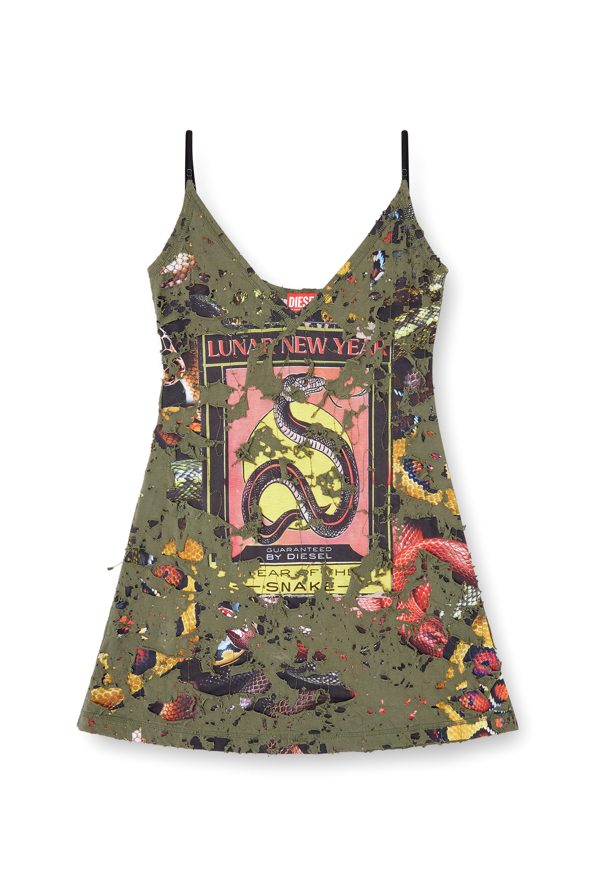 Diesel - CL-D-JENA-DEV-SNAKE, Damen Destroyed-Slip-Kleid mit Schlangen-Print in Olivgrün - 1