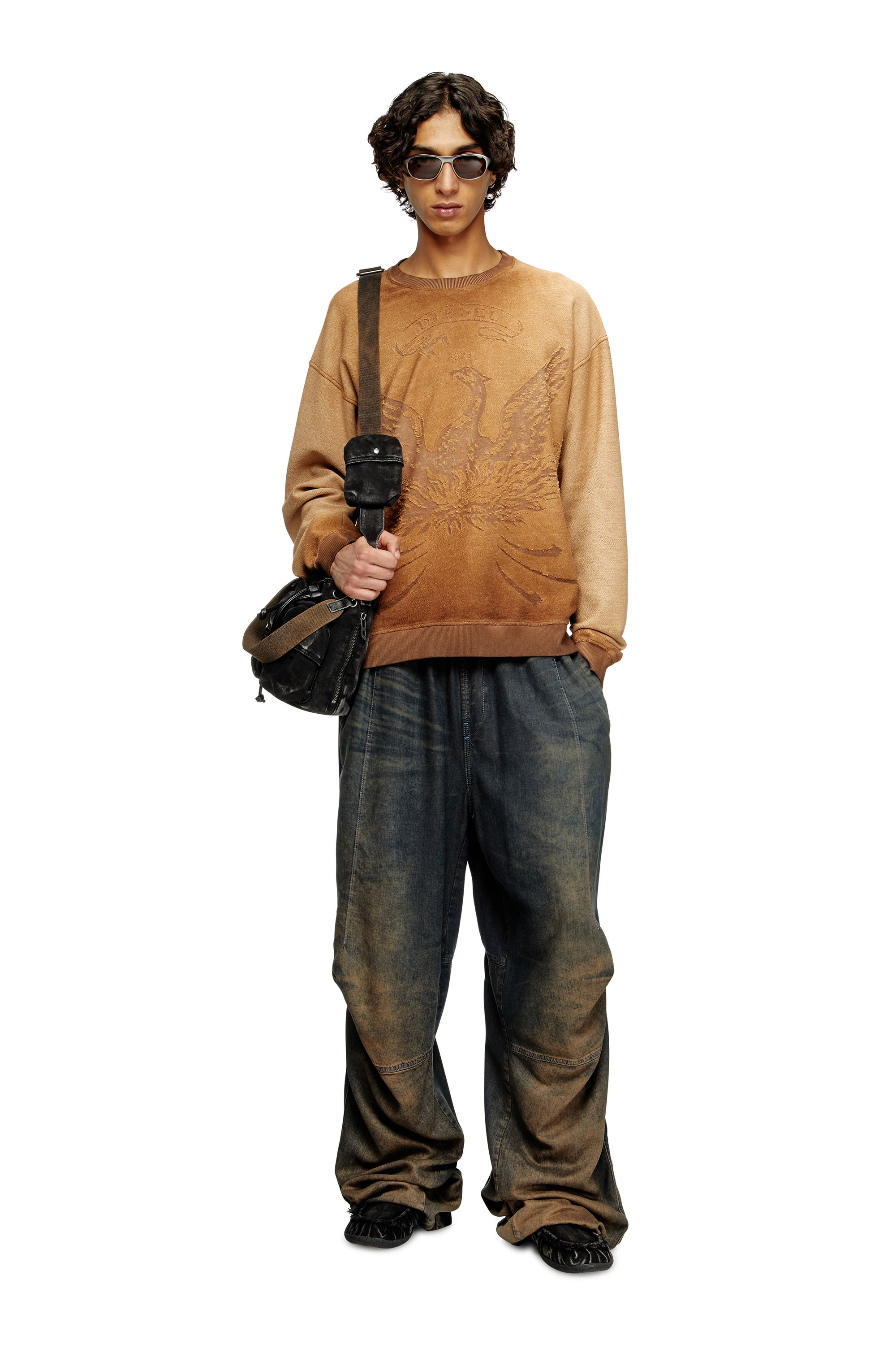 Diesel - S-ARON, Herren Verblasstes Sweatshirt mit Devoré-Phoenix-Logo in Braun - 1
