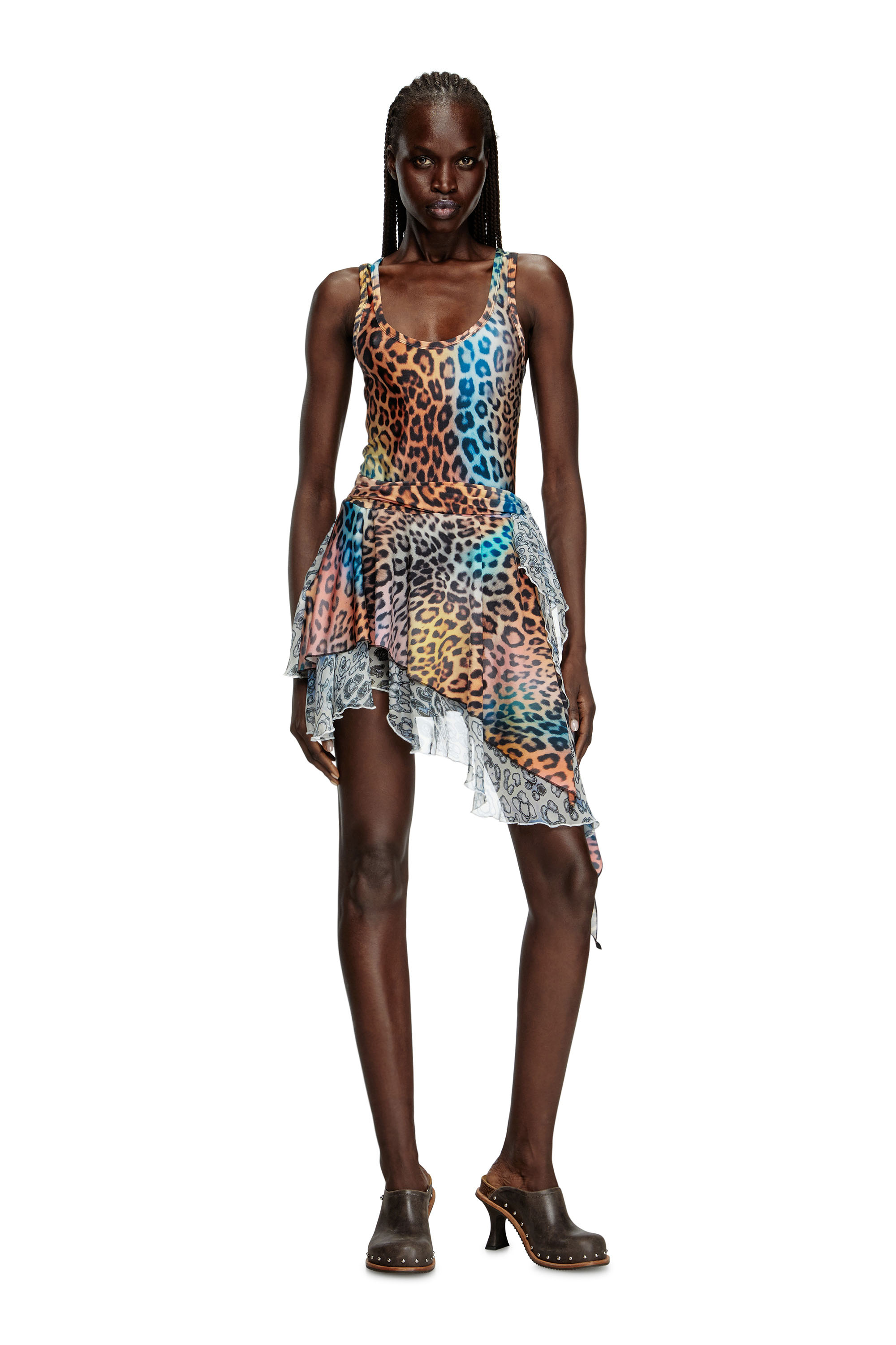 Diesel - D-OPERA-Q1, Damen Kurzes, asymmetrisches Kleid mit Leoparden-Print in null - 2