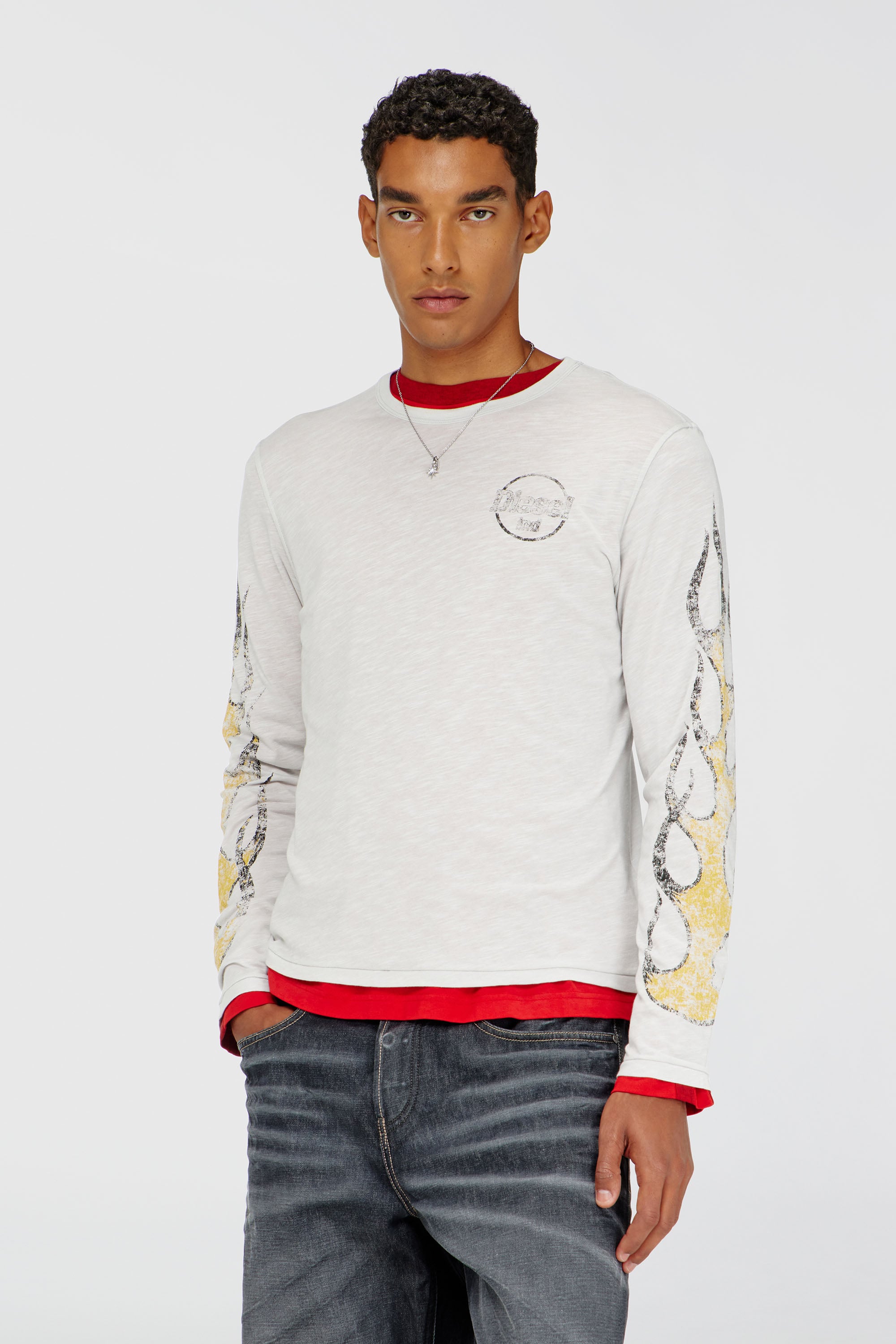 Diesel - T-NOTS-LS, Herren Langarm-T-Shirt aus Slub-Jersey mit Crack-Print in Wei&szlig; - 1
