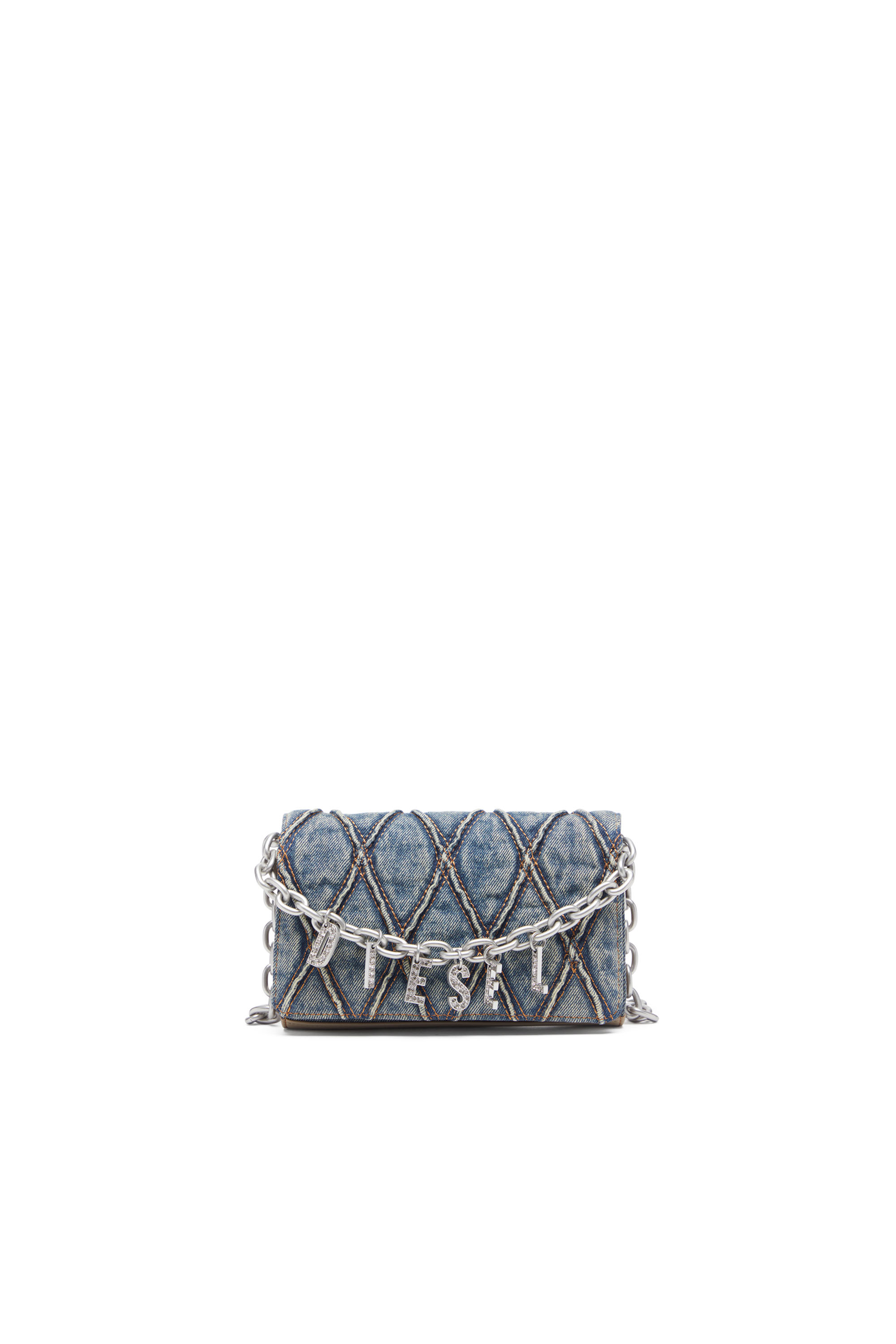 Diesel - CHARM-D WALLET STRAP, Damen Portemonnaie-Tasche aus gestepptem Argyle-Denim in Blau - 1