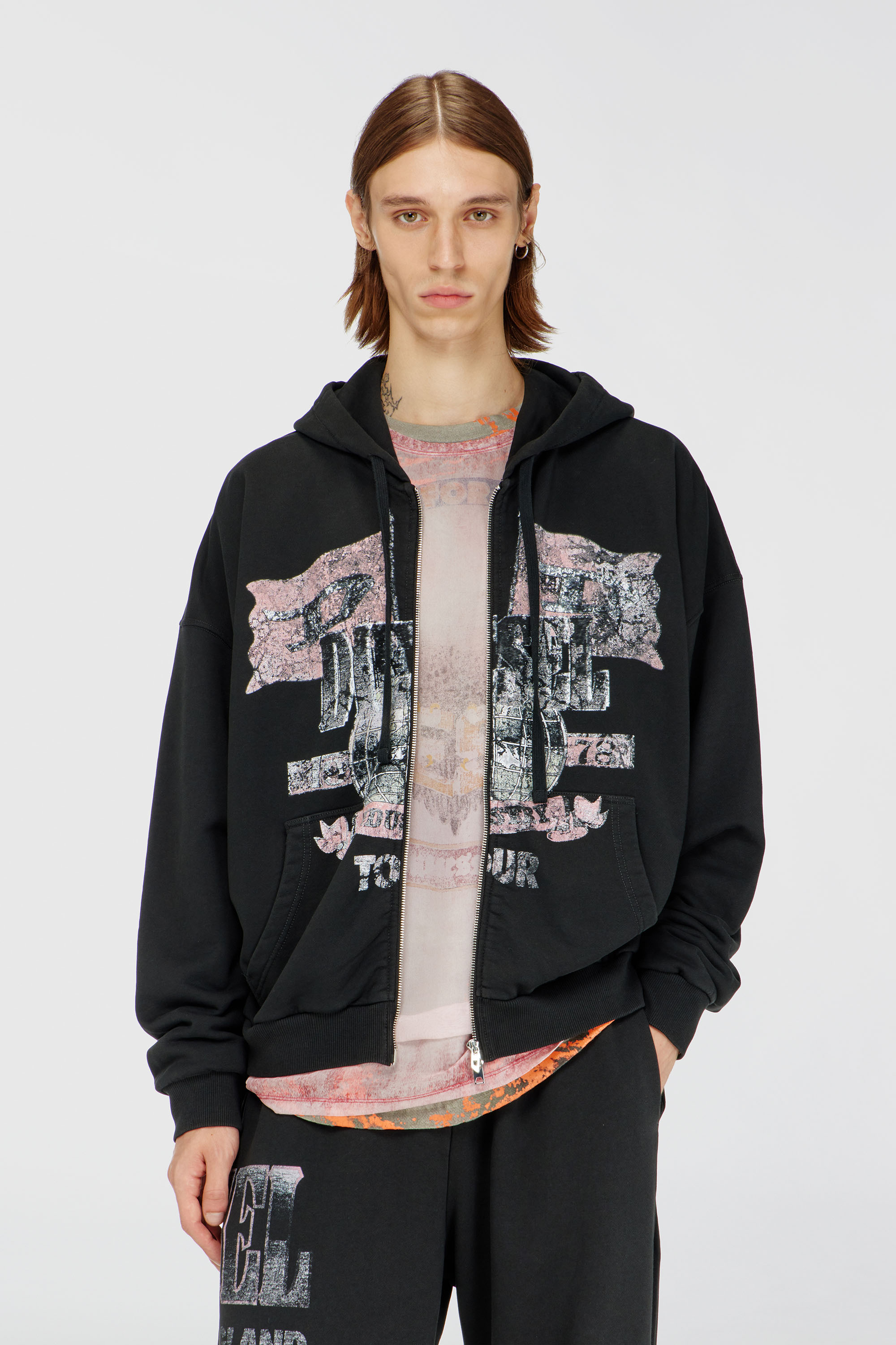 Diesel - S-WILL-ZIP, Herren Kapuzensweatjacke mit Konzertgrafiken und Rei&szlig;verschluss in null - 1