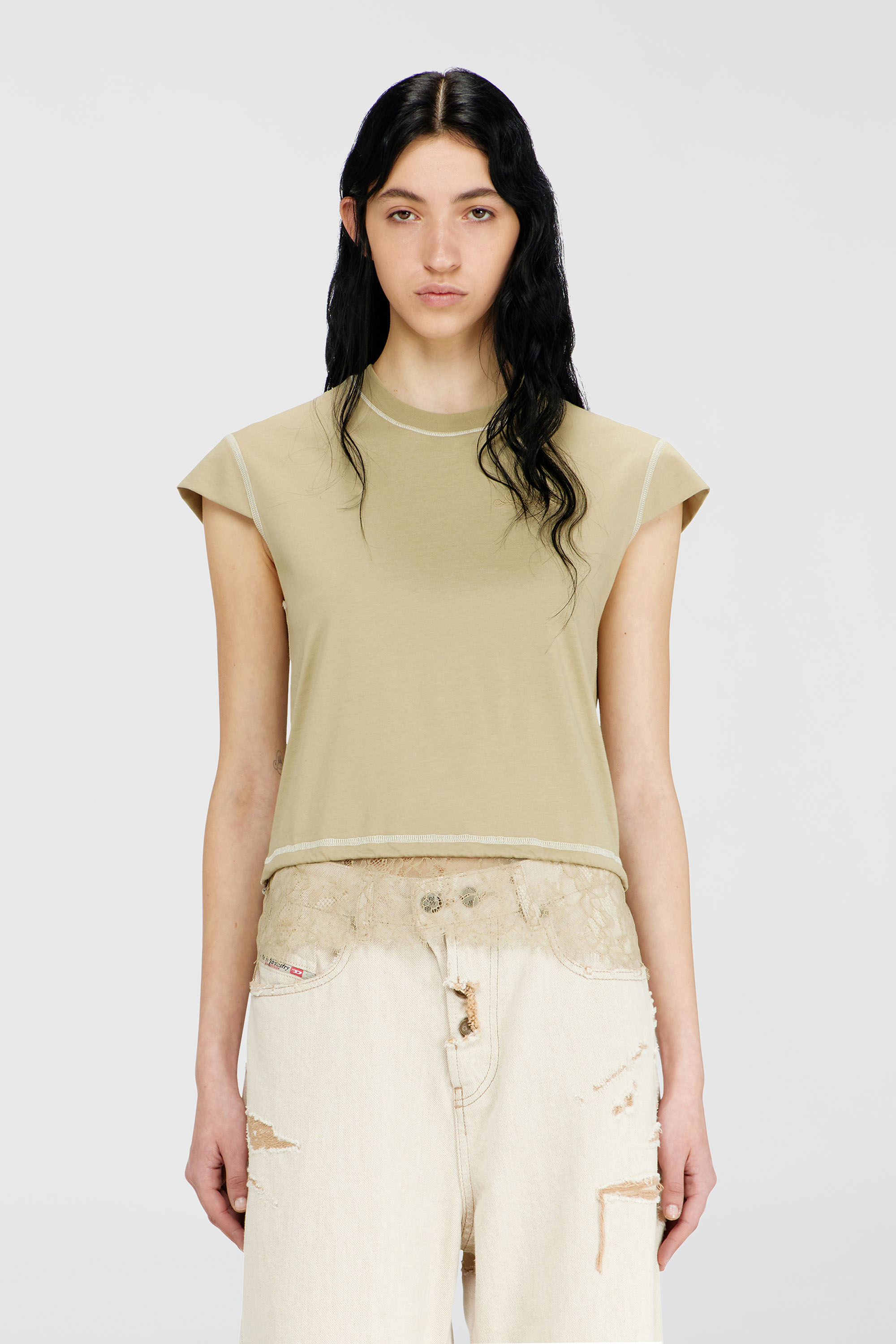 Diesel - T-LUNA, Damen Jersey-Top mit Spitzenbesatz am Saum in Beige - 3