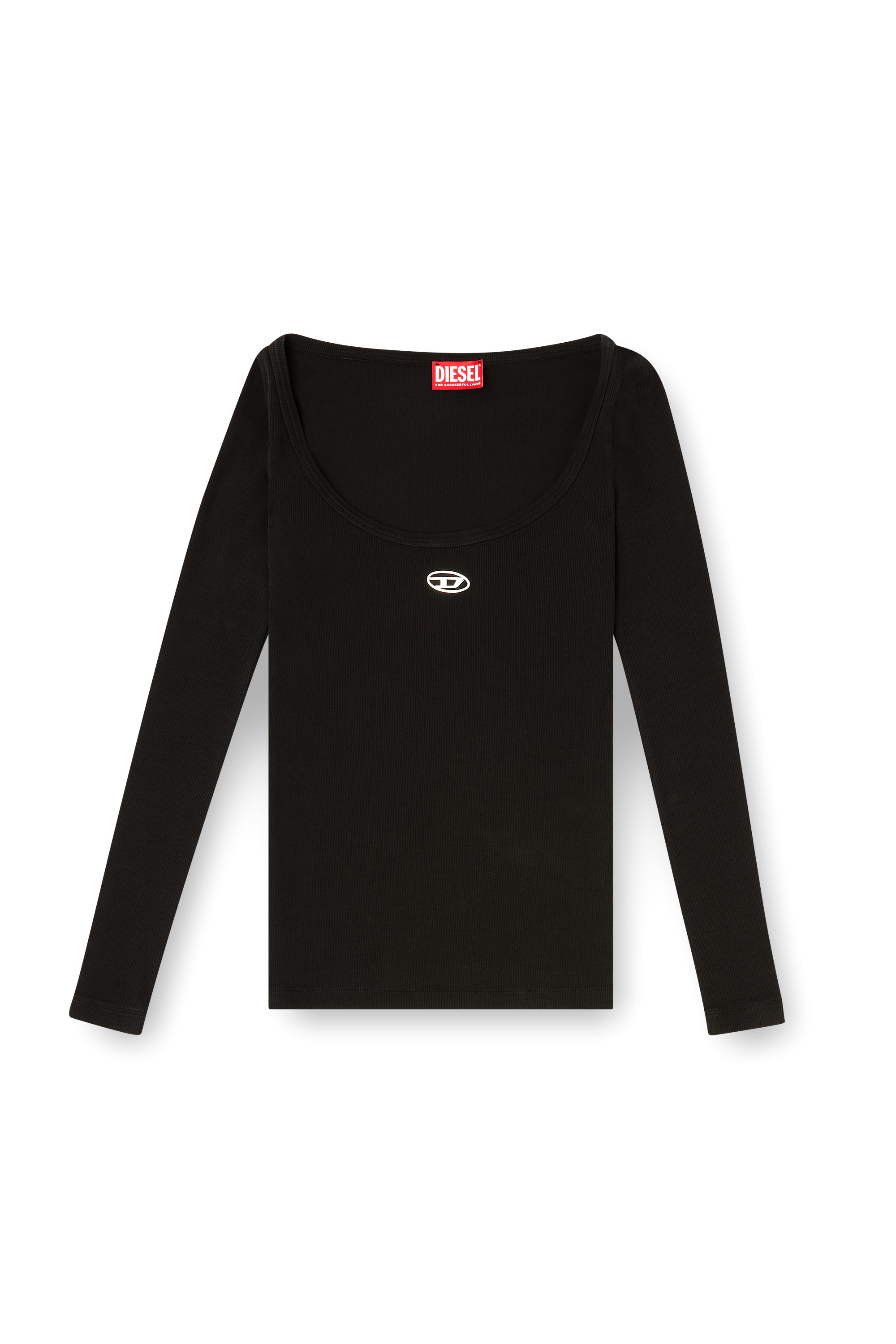 Diesel - T-BAL-OD, Damen Langärmliges, geripptes Oberteil mit metallischem Oval D in Schwarz - 3