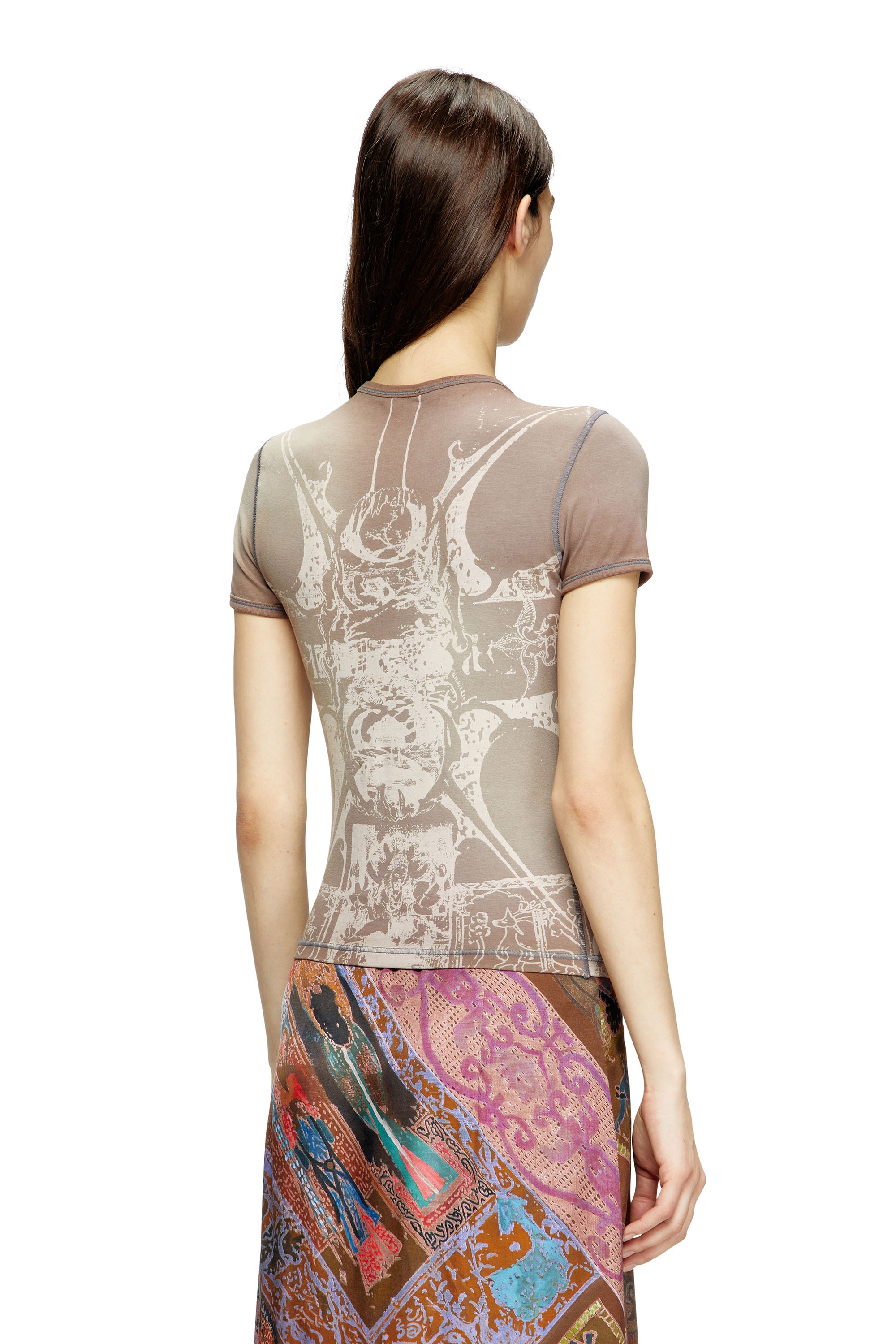 Diesel - T-UNCUTIES-LONG-R6, Damen T-Shirt mit Folien-Print in Hellbraun - 4