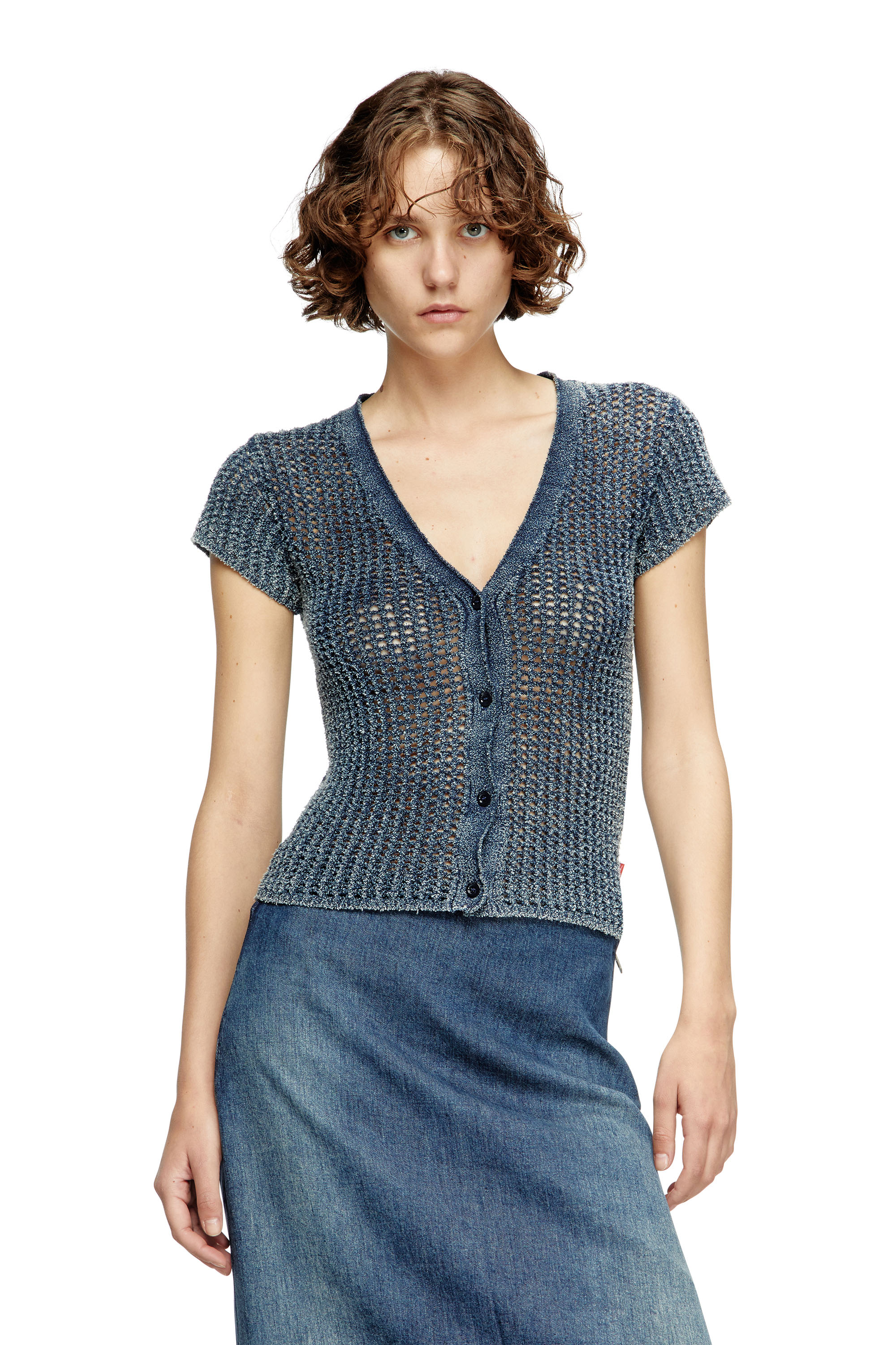 Diesel - M-REZ, Damen Kurzarm-Cardigan aus Denim-Mesh-Strick in Mittelblau - 3