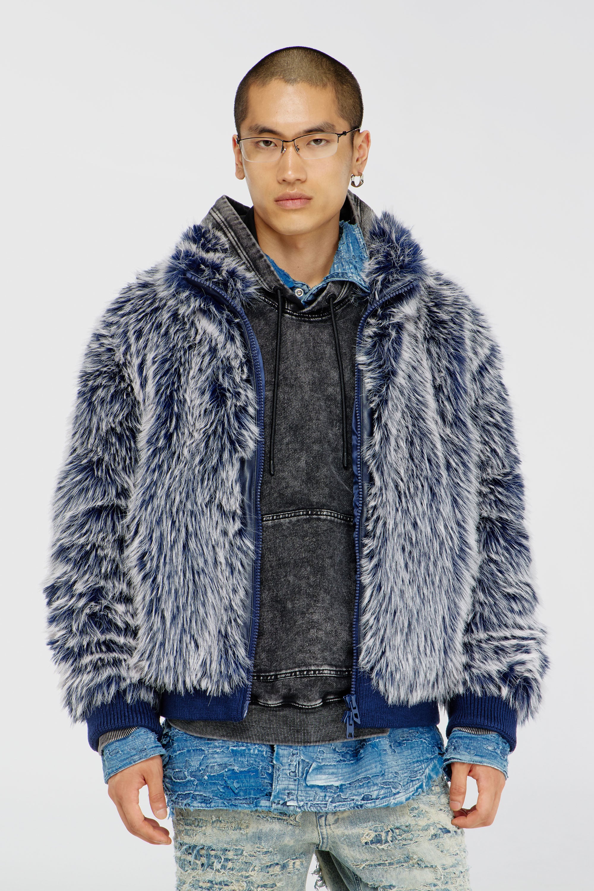 Diesel - W-VICTOR, Man's Shaggy winter jacket in Medium blue - 1