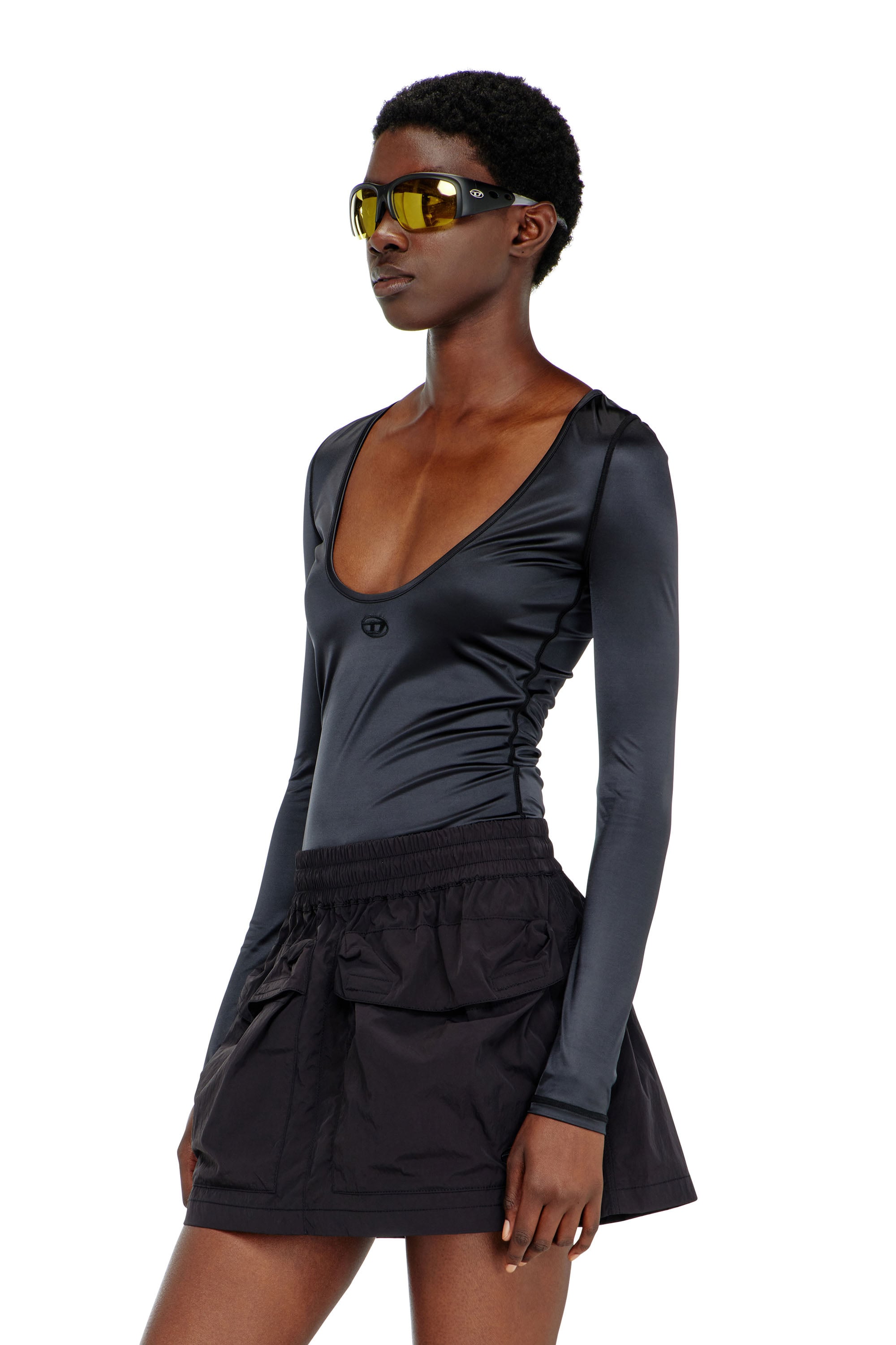 Diesel - T-ELPHIN-LS, Damen Nylon slim top mit Rundhalsausschnitt und Logo Oval D Stickerei in Schwarz - 1
