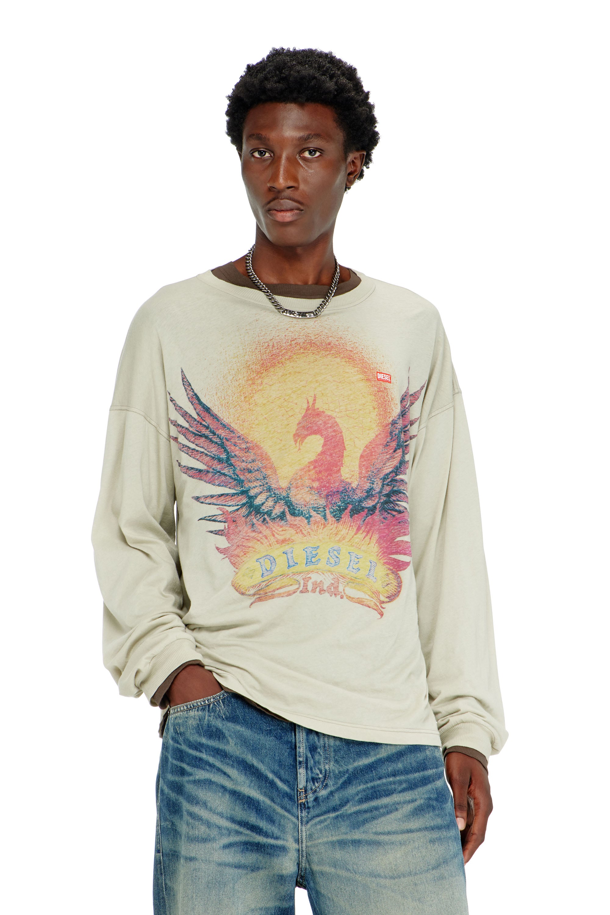 Diesel - T-BOXT-LS-AA1, Herren Langarm-T-Shirt mit Phoenix-Motiv in Beige - 1