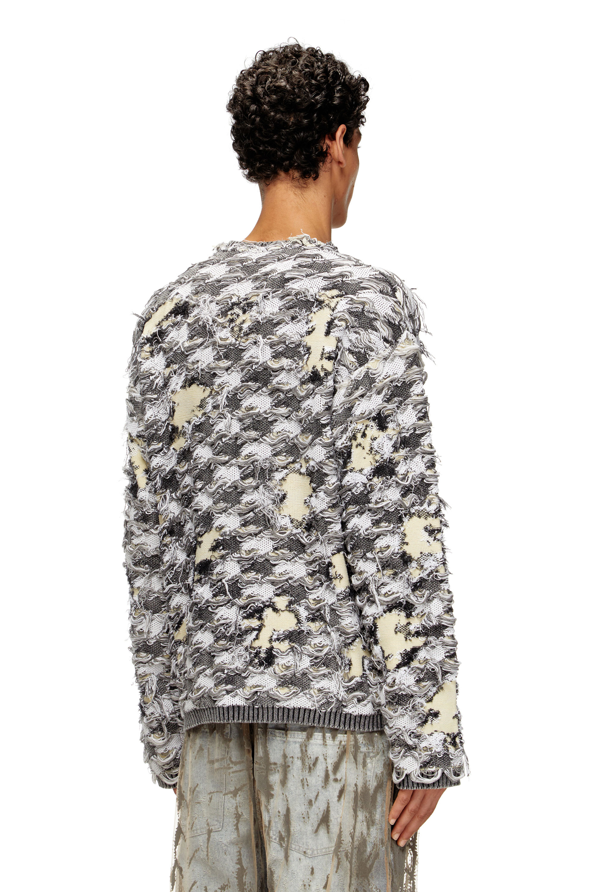 Diesel - K-VALBOR, Herren Strickjacke aus Dévoré-Hahnentritt-Jacquard in Grau/Weiss - 4