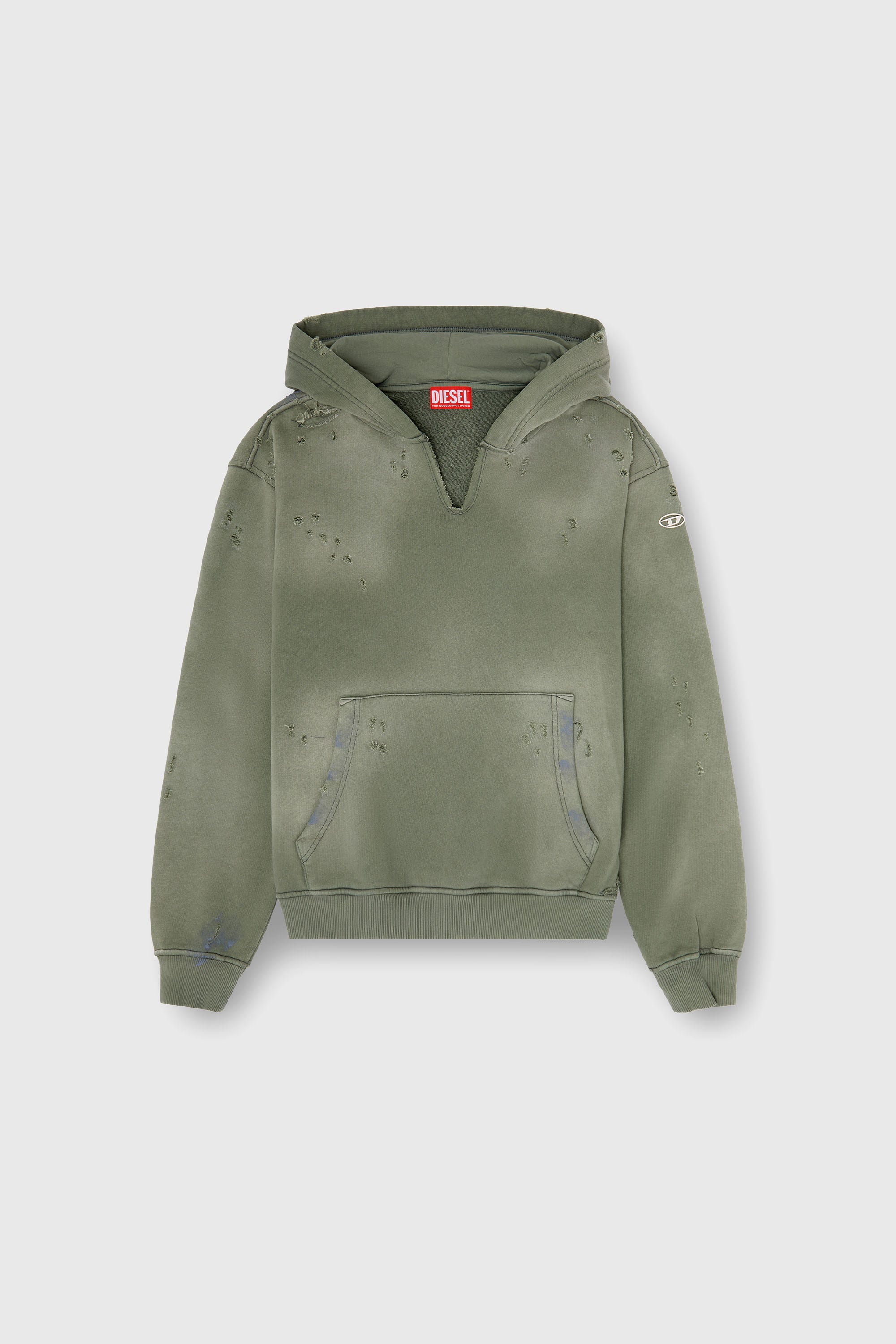 Diesel - S-KEITHY, Herren Kapuzensweatshirt mit distressed look und V-Ausschnitt in Olivgr&uuml;n - 2