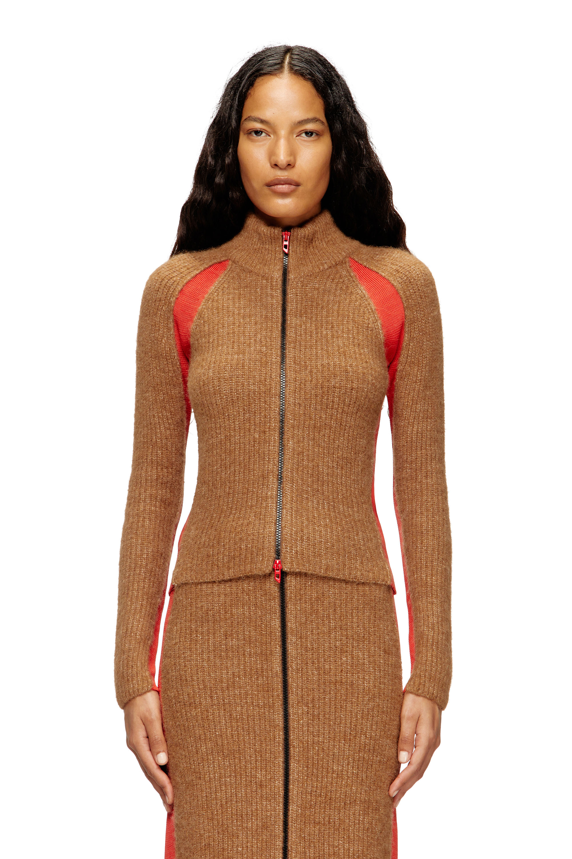Diesel - M-LOUISE, Damen Strickjacke aus Alpakamischung mit kontrastierenden Einsätzen in Braun - 1