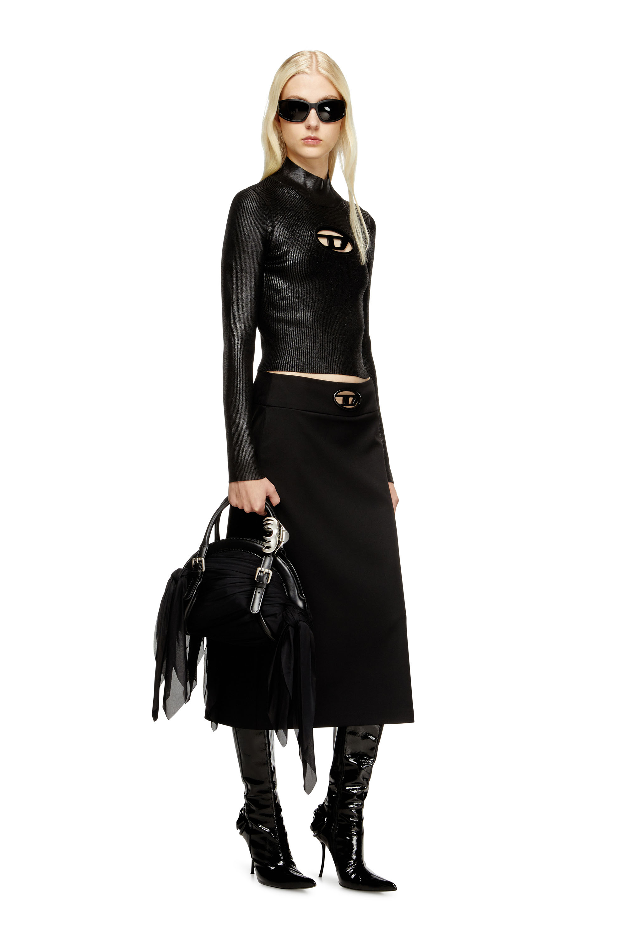 Diesel - M-VALARI-TN, Damen Rippenstrick-Rollkragenpullover mit Glanzeffekt in Schwarz/Silber - 2