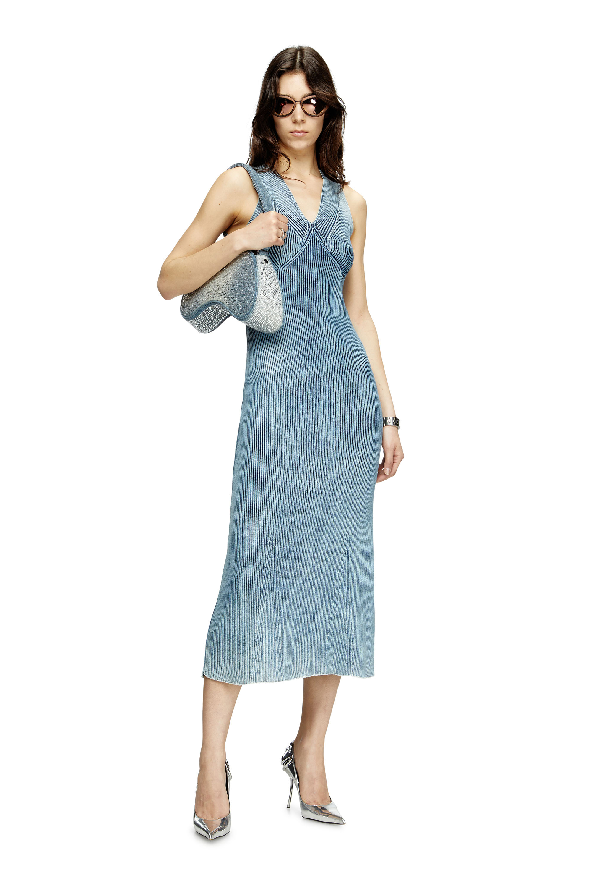 Diesel - M-MILONG, Damen Denim-yarn midi dress with shiny effect in Hellblau - 1
