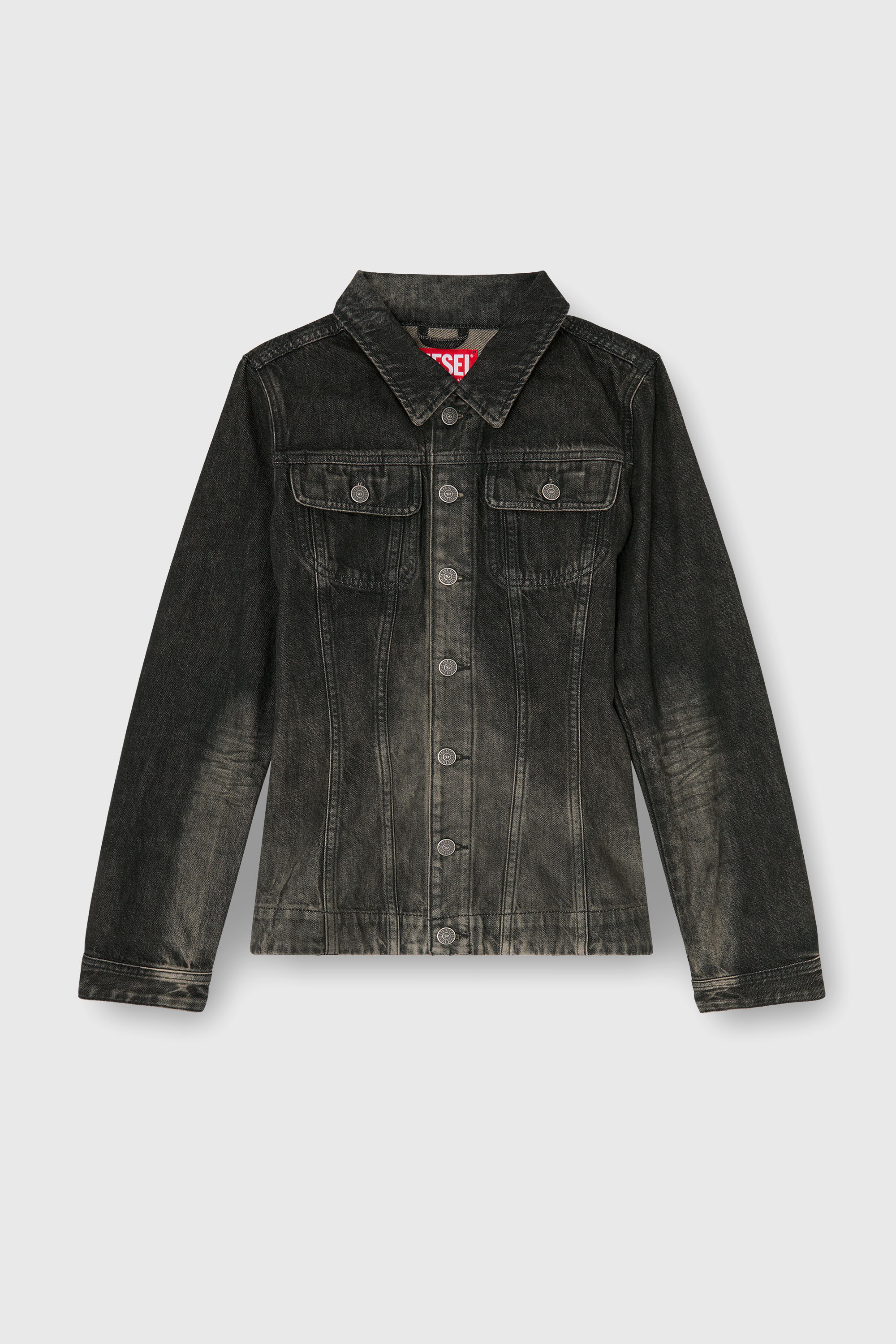 Diesel - DE-KATERIN-FSJ, Woman's Fitted trucker jacket in dirty-effect denim in Black/Dark grey - 2