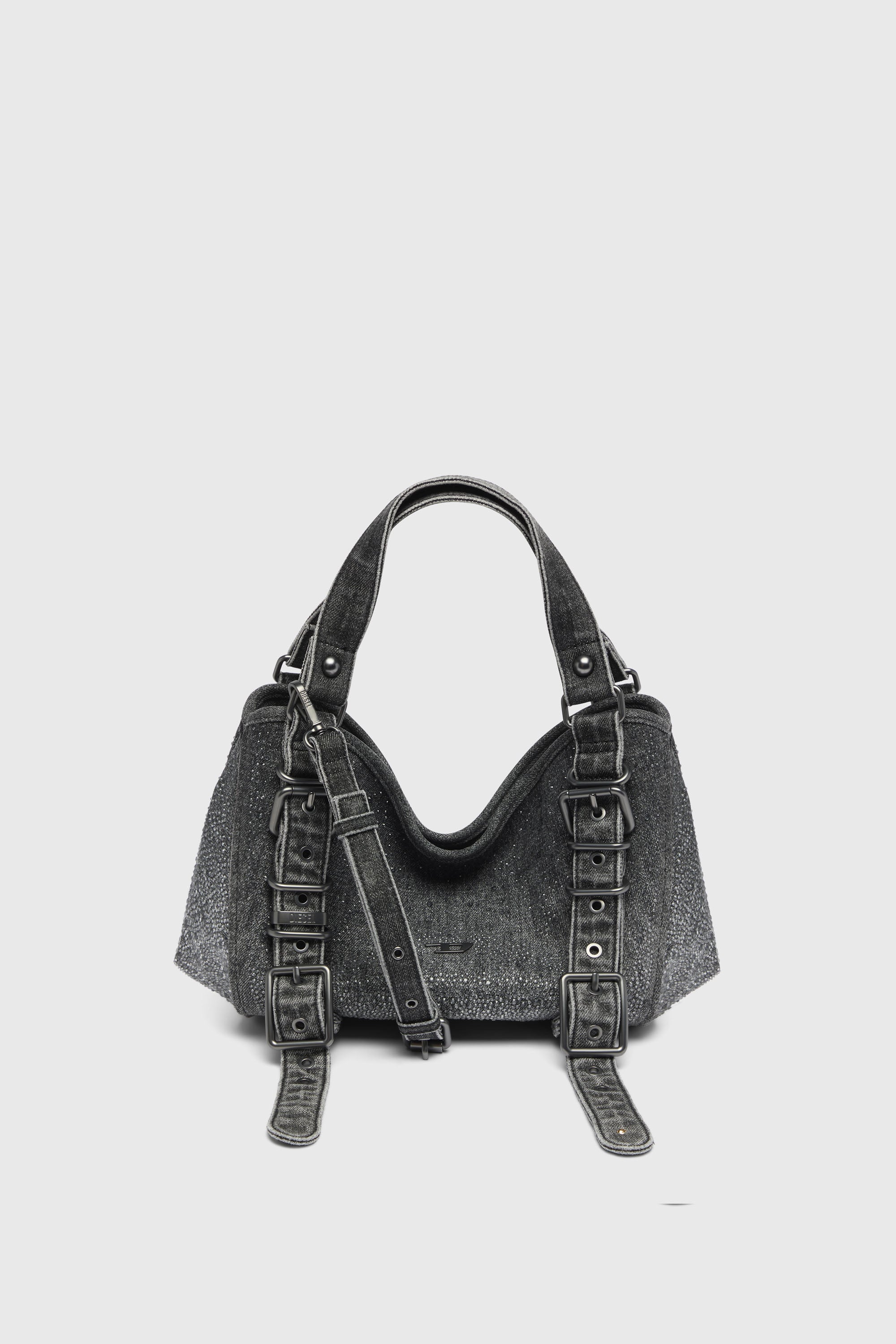 Diesel - D-ONE TOPHANDLE S, Damen D-One-Small Henkeltasche aus solarisiertem Denim mit Kristallen in Schwarz - 1