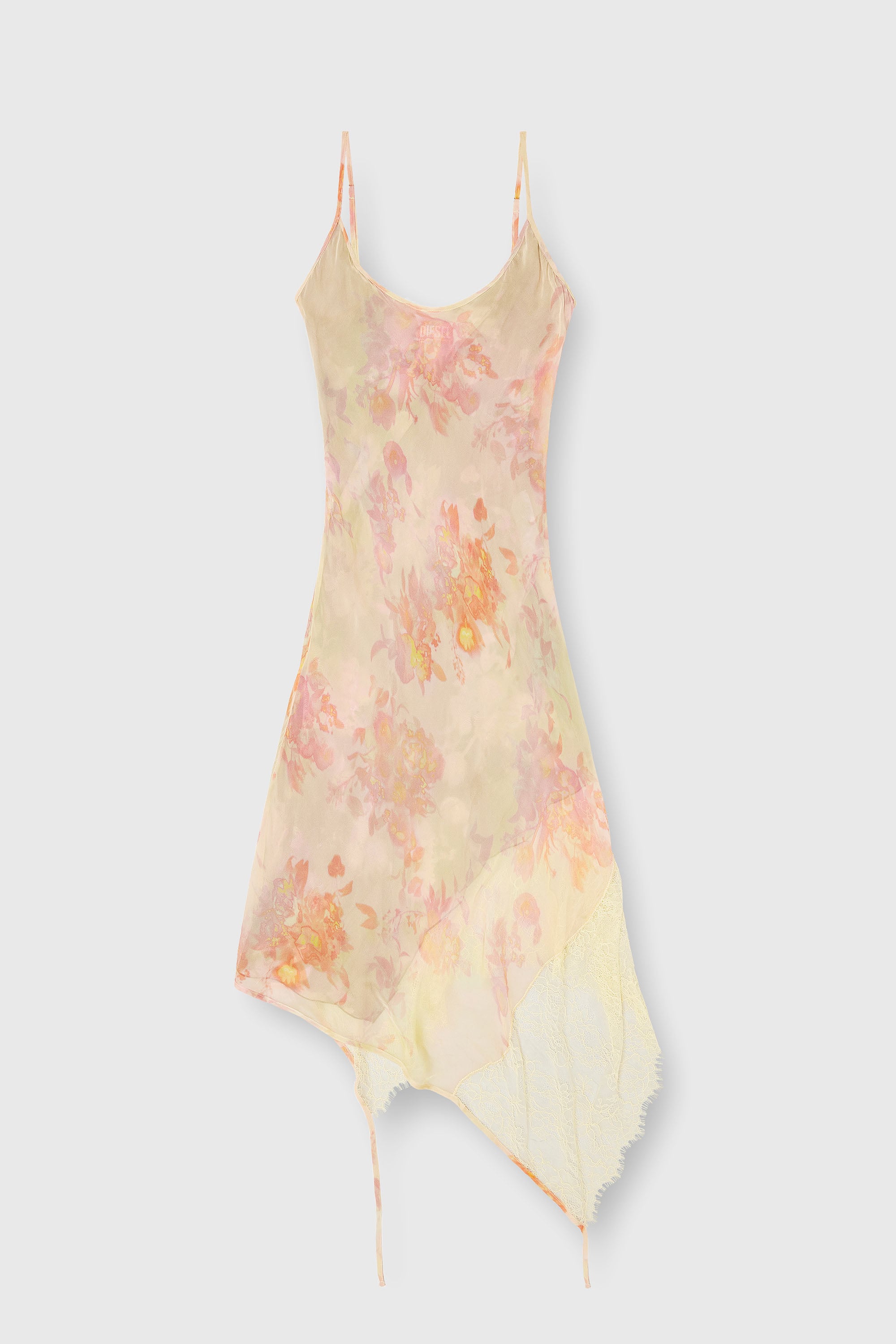Diesel - D-ANCEL, Damen Midikleid aus Satin mit Blumenmuster und Spitzenbesatz in Rosa/Gelb - 1