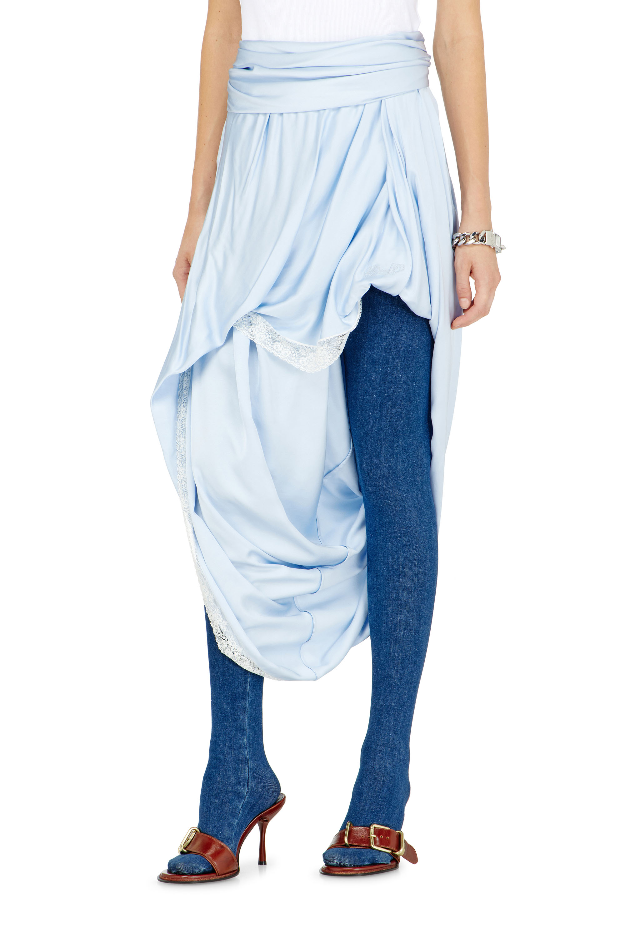 Diesel - O-WANDA, Damen Midirock aus Satin mit Spitzenbesatz in null - 2
