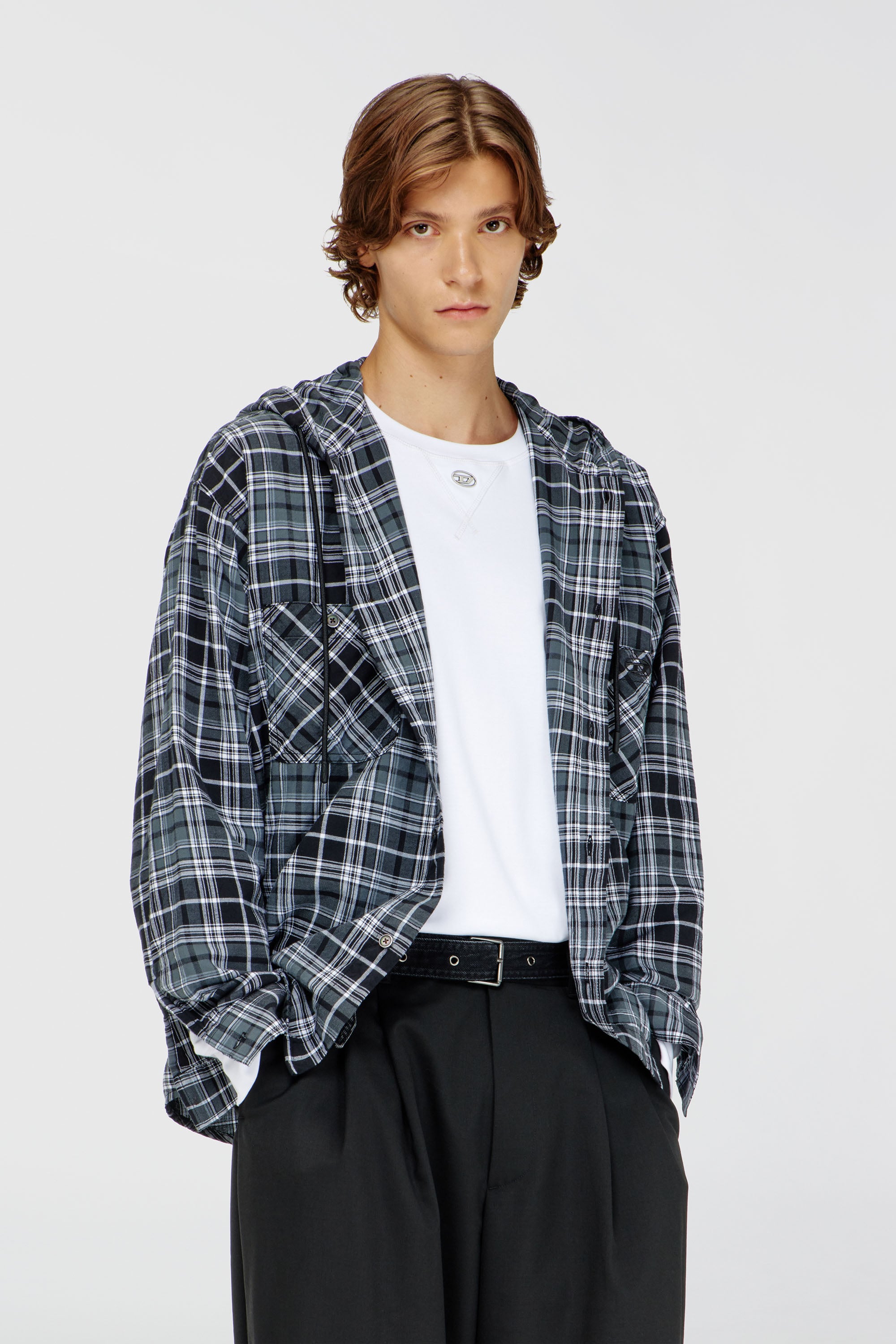Diesel - S-DRUM-HOODY-DGBT, Herren Kapuzenshirt aus kariertem Flanell in Schwarz/Weiss - 1