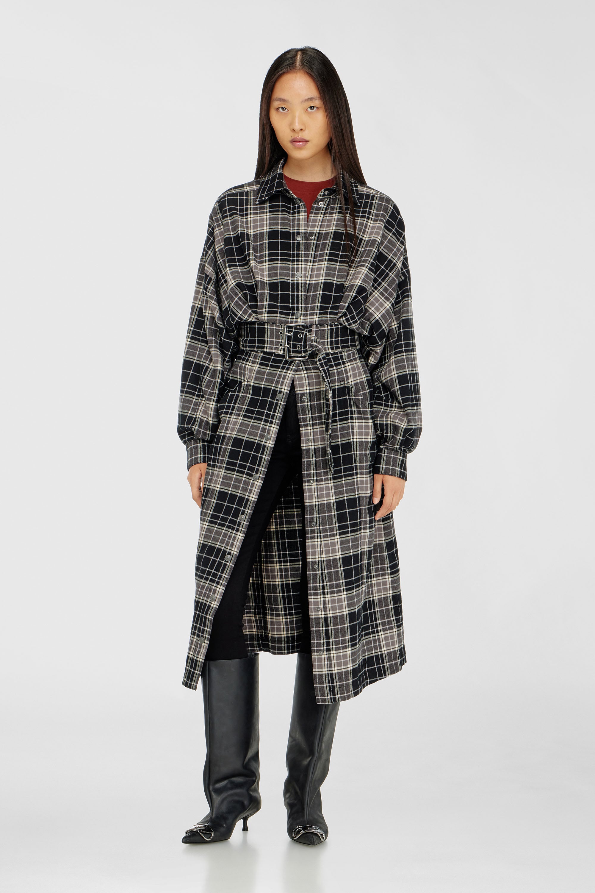 Diesel - D-EDALUS, Damen Midikleid aus kariertem Flanell mit breitem G&uuml;rtel in Grau/Schwarz - 1