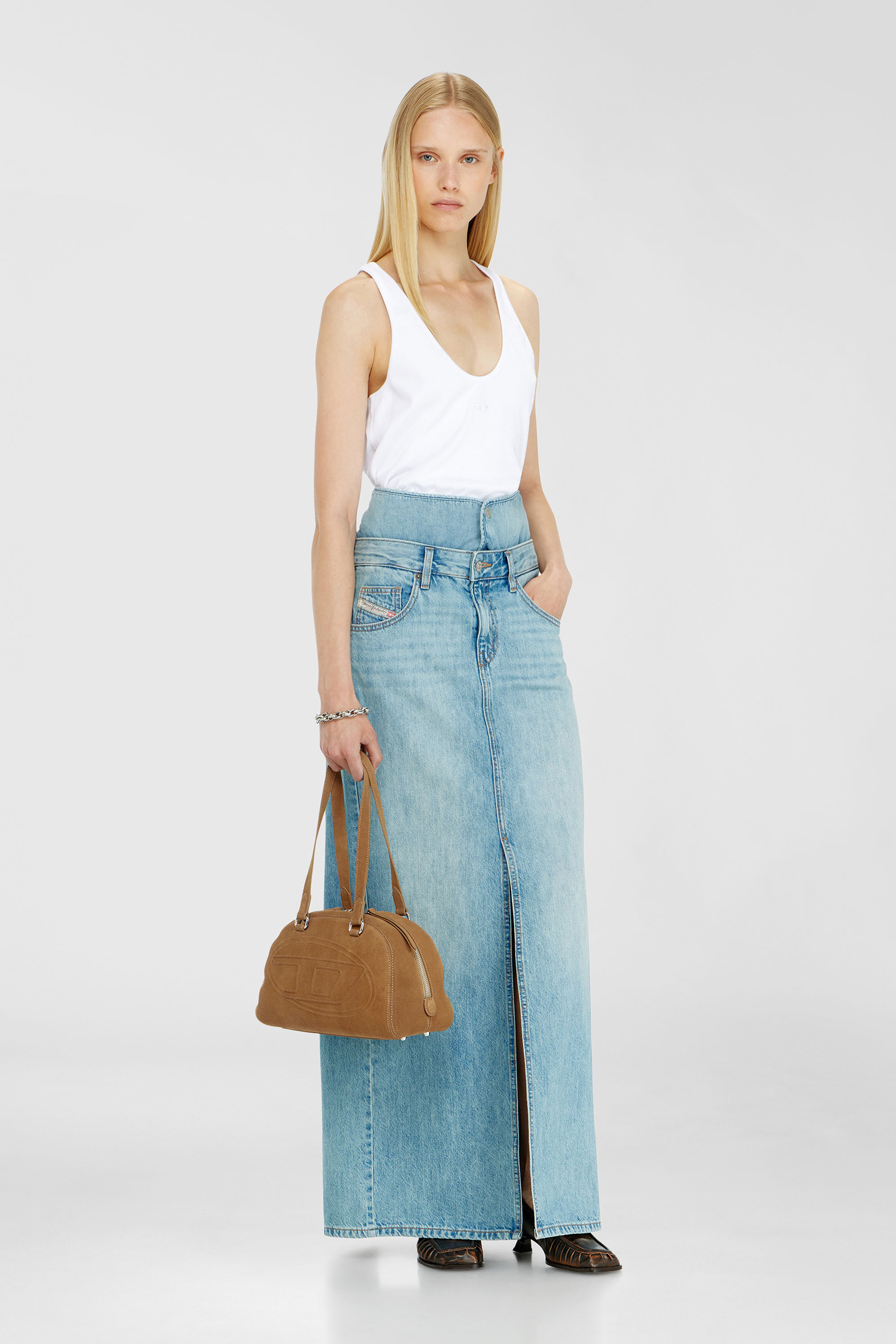 Diesel - DE-SPIVEY, Damen Jeans-Illusion Denim-Maxirock mit Schlitzen in Hellblau - 1