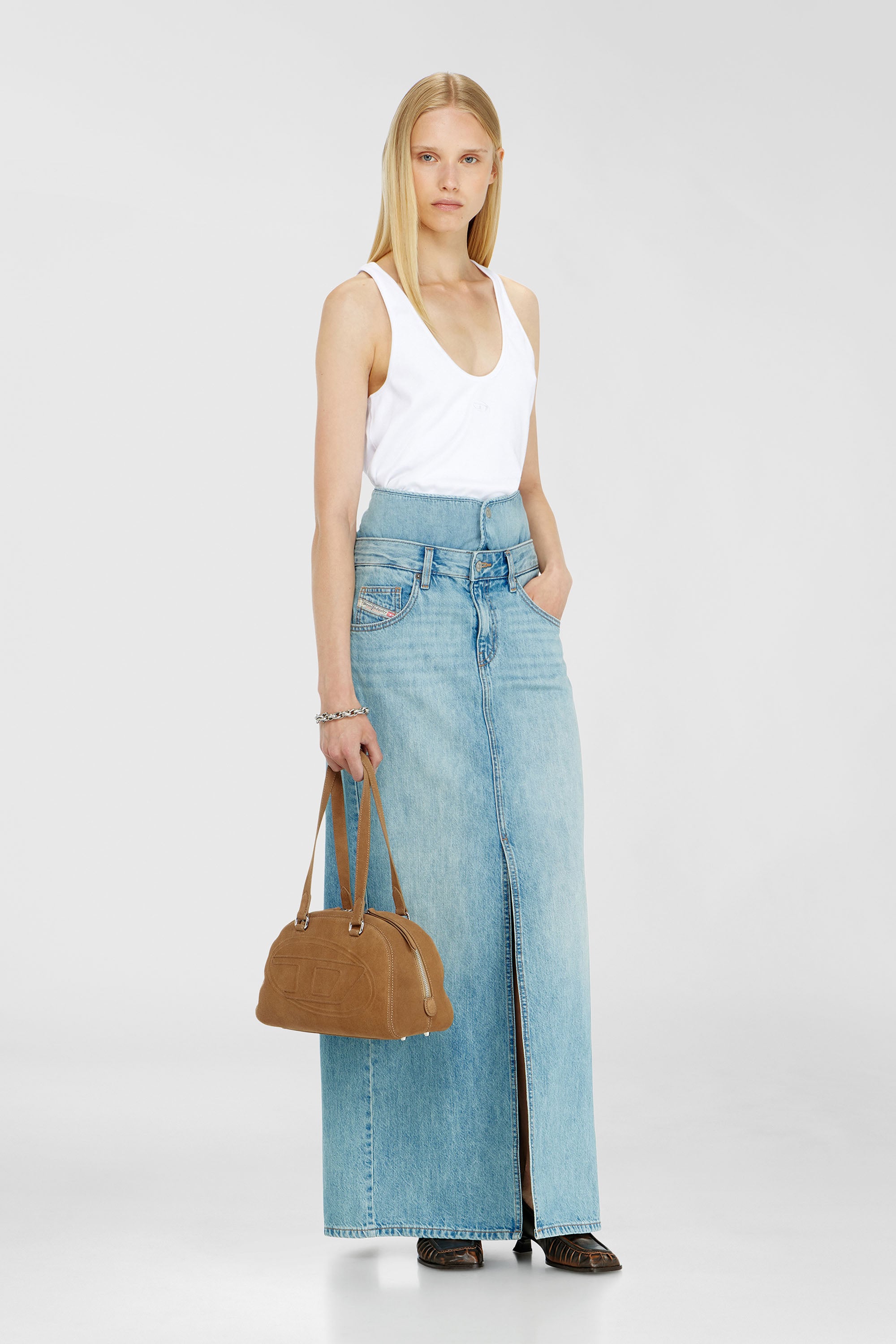Jean-illusion denim maxi skirt with slits