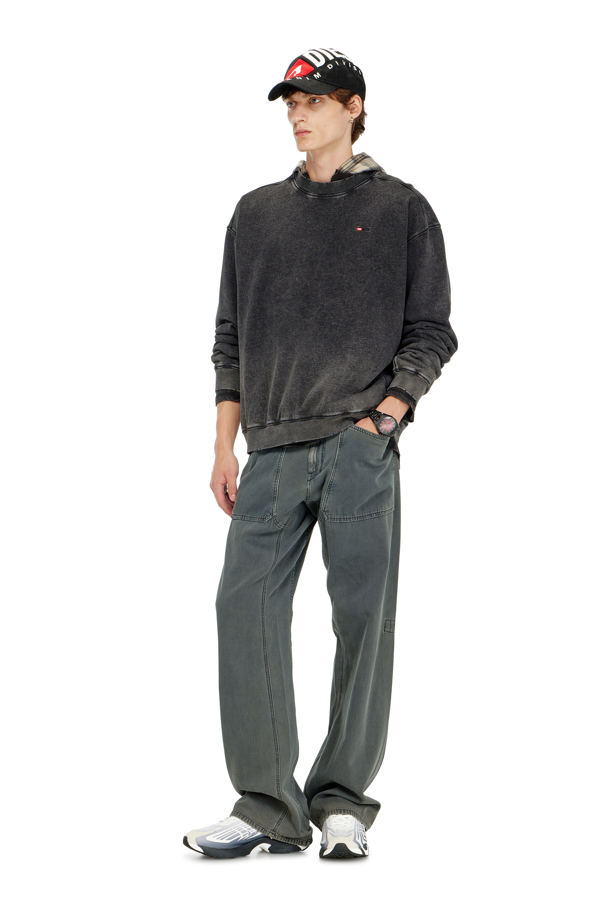 Diesel - S-CROX, Herren Sweatshirt aus Baumwolle mit verwaschenem Effekt in Dunkelgrau - 1