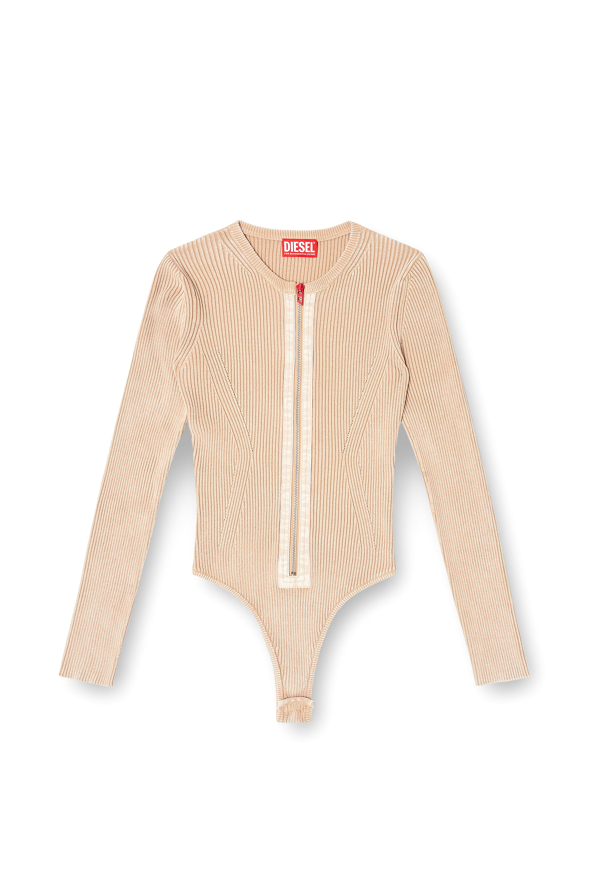Diesel - M-GILDE, Damen Rei&szlig;verschluss-Cardigan aus gerippter Baumwolle in Beige - 2