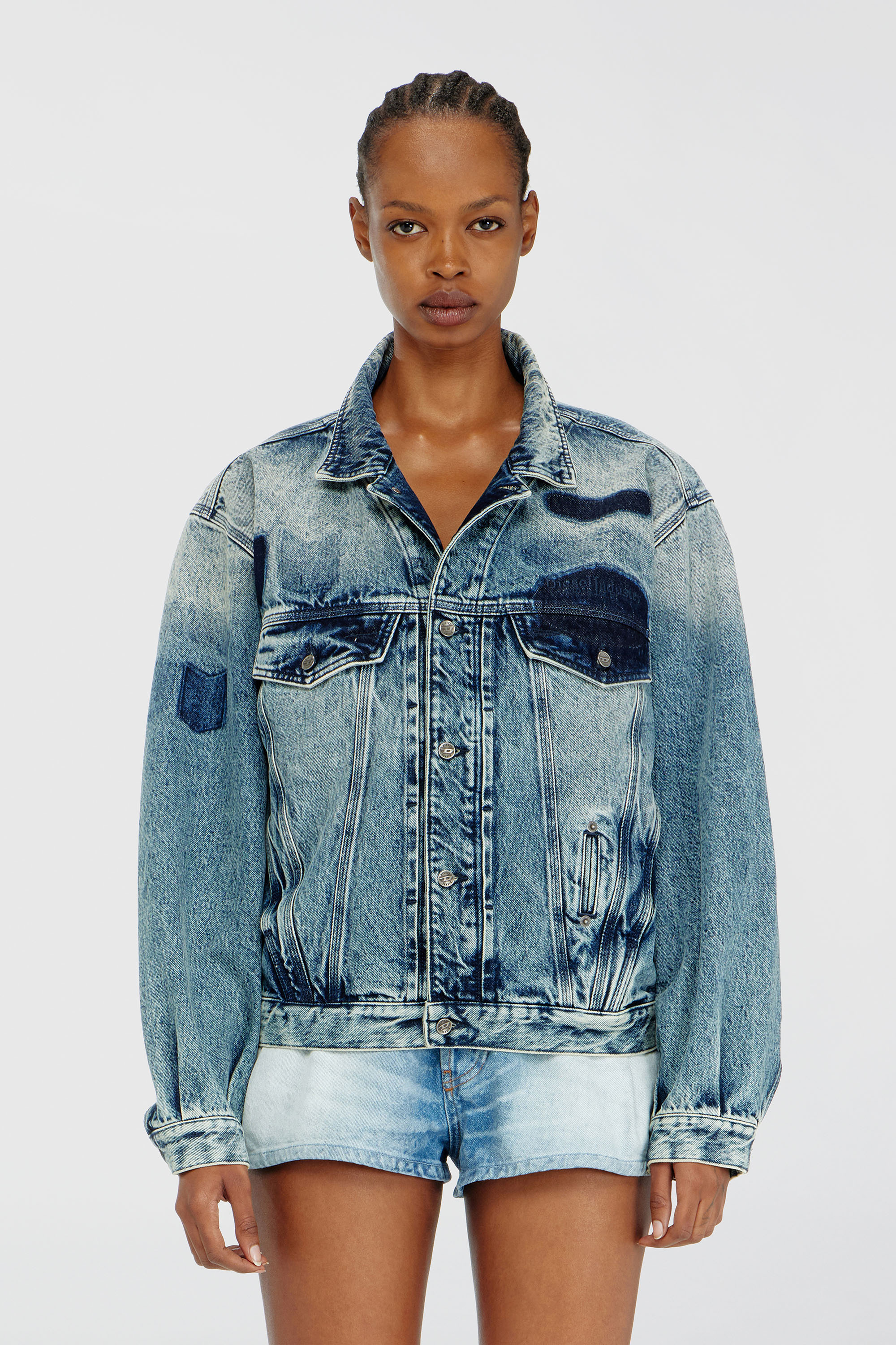 Diesel - D-DENVER-S2, Unisex's Trucker jacket with patch effects in Medium blue - 1