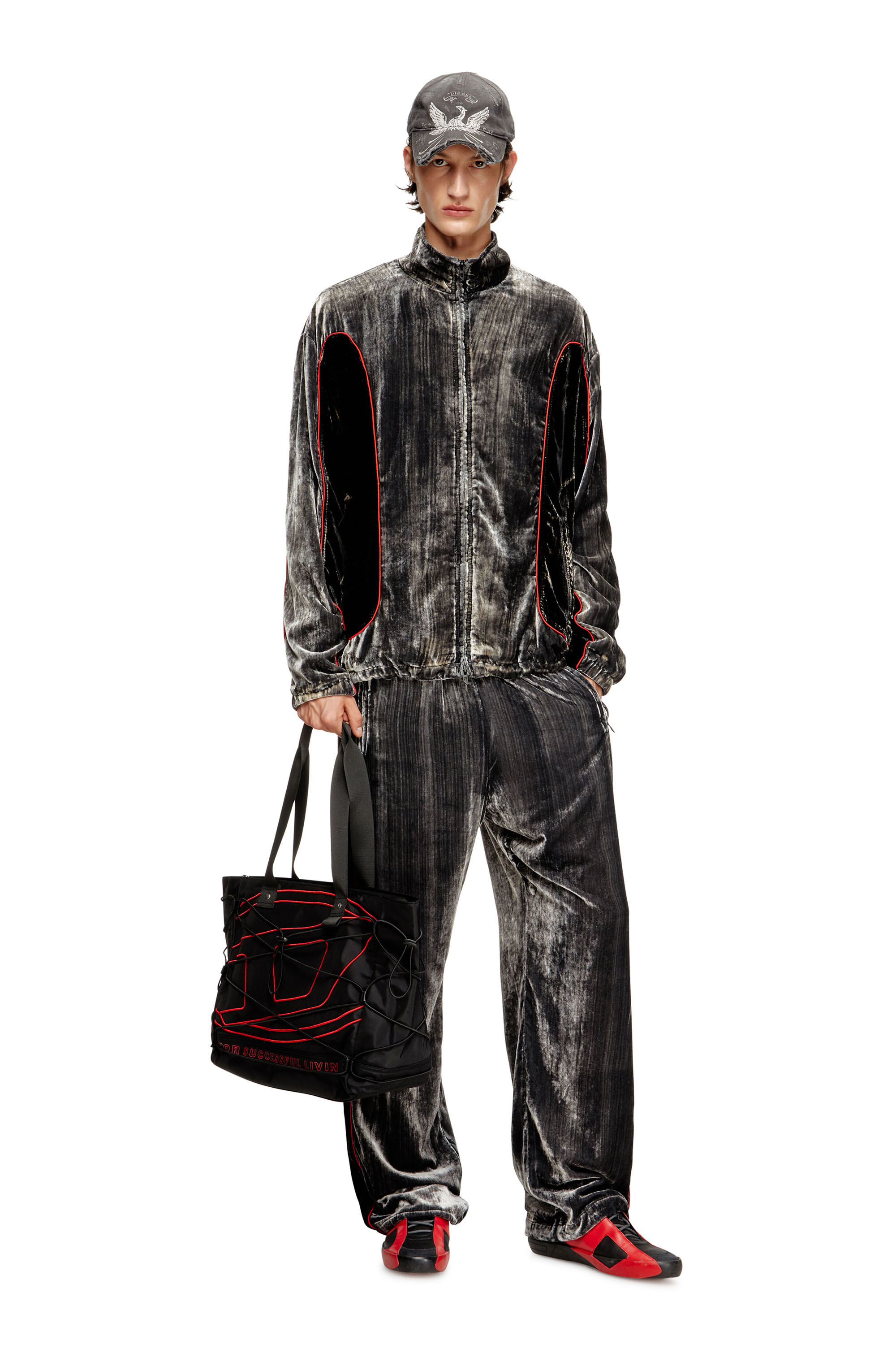 Diesel - J-HAY, Herren Trackjacke aus behandeltem Samt in Schwarz/Rot - 2