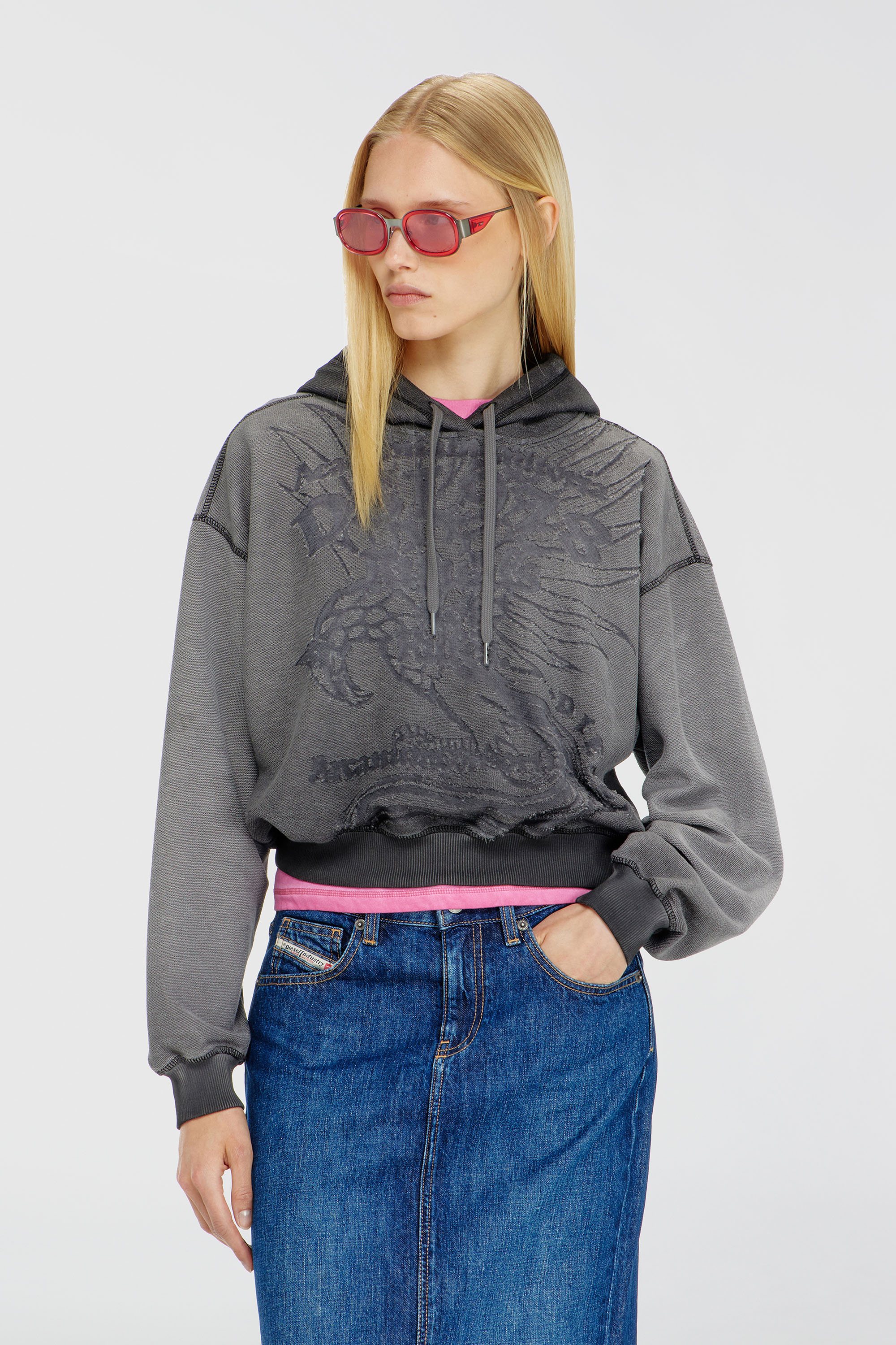 Diesel - F-SUNNY-HOOD, Damen Hoodie mit d&eacute;vor&eacute;-Print in Grau - 1