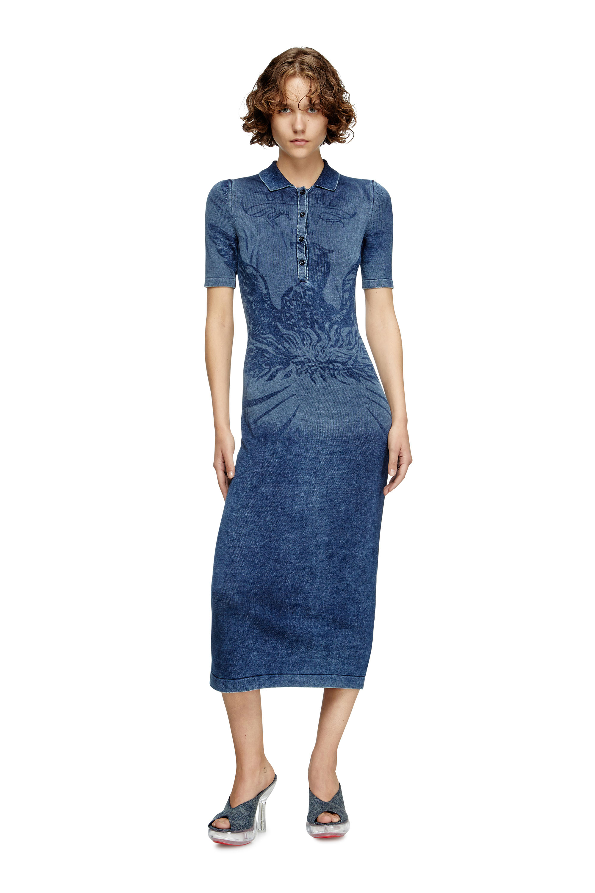 Diesel - M-FENNY-DRS, Damen Polo-Midi-Kleid im Denim-Effekt-Strick in Mittelblau - 3