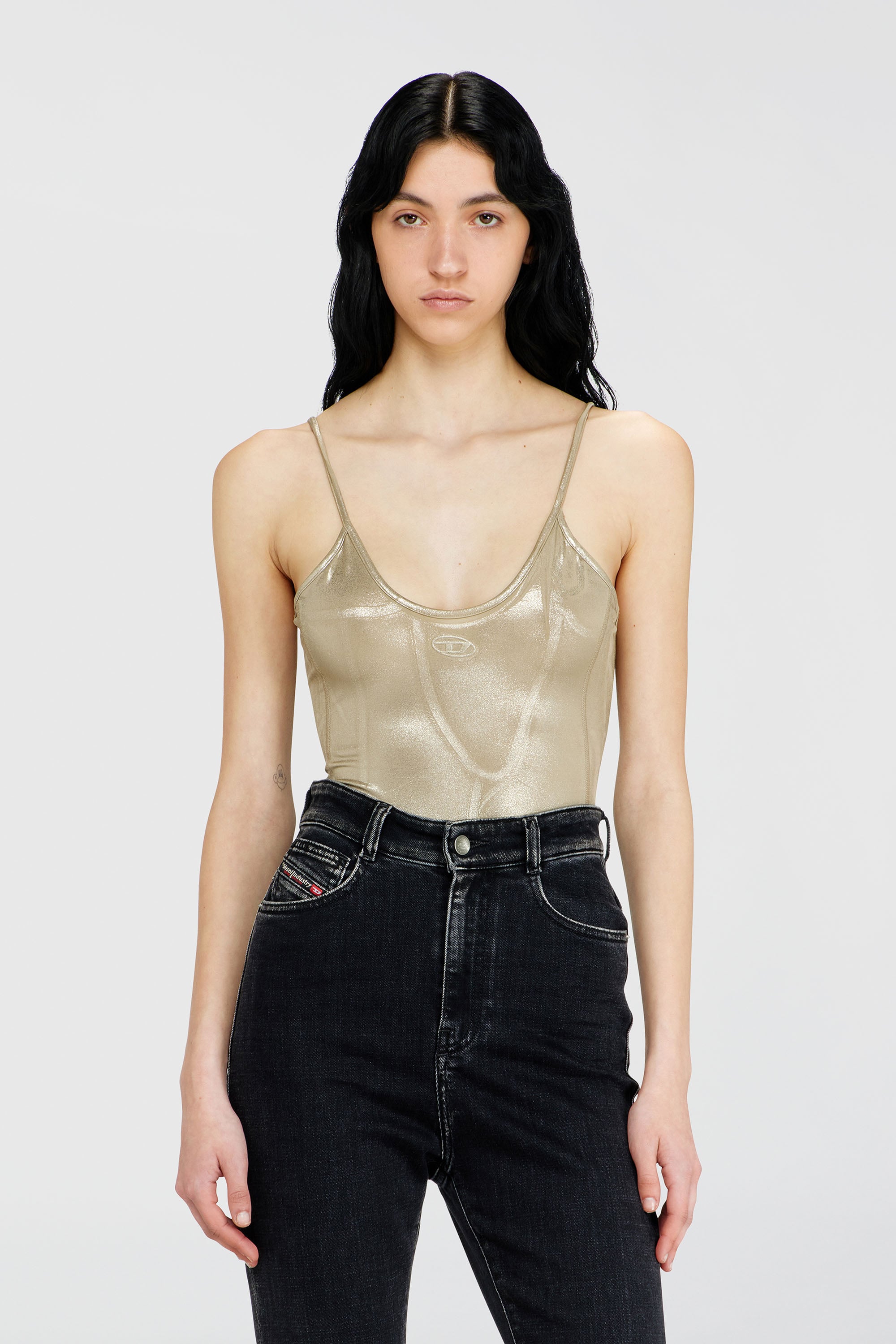 Diesel - T-IMYNY, Damen Gl&auml;nzender Jersey-Body mit Rundhalsausschnitt in Gold - 1