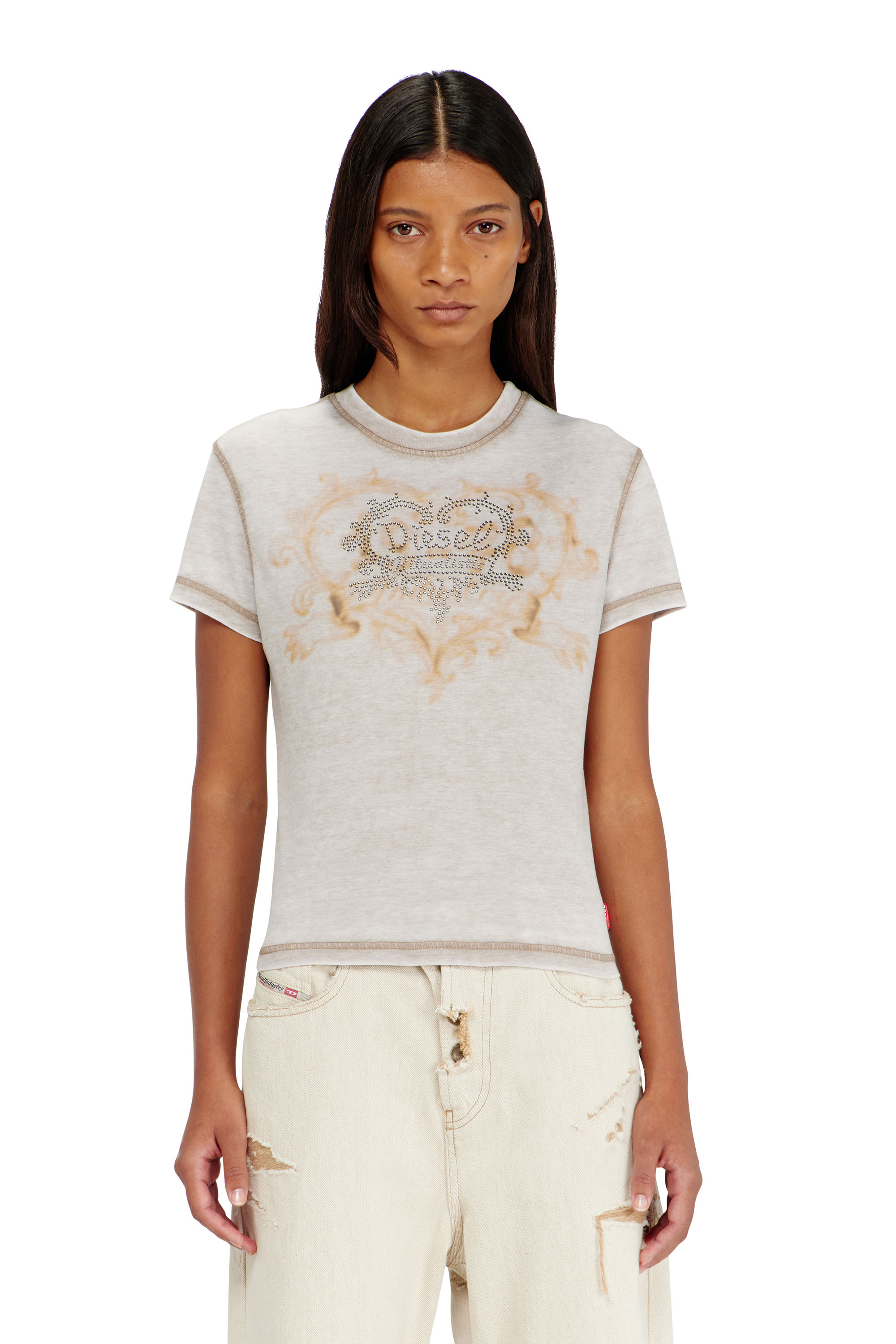 Diesel - T-ILA-AA1, Damen Jersey-T-Shirt mit Strasssteinen und burnout effect in Hellgrau - 3