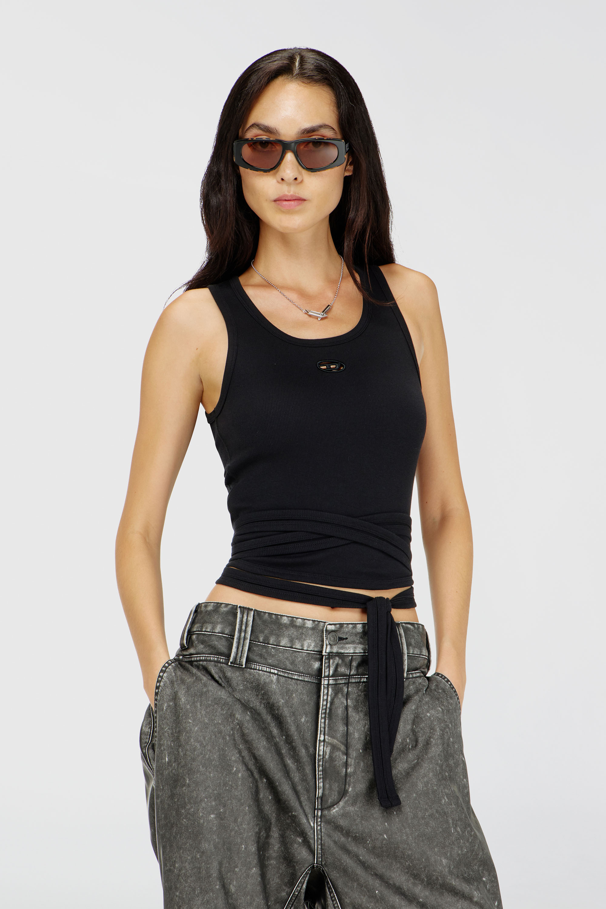 Diesel - T-ANKY-TAIL-S1, Damen Crop-Top mit Wickelschn&uuml;ren in Schwarz - 3