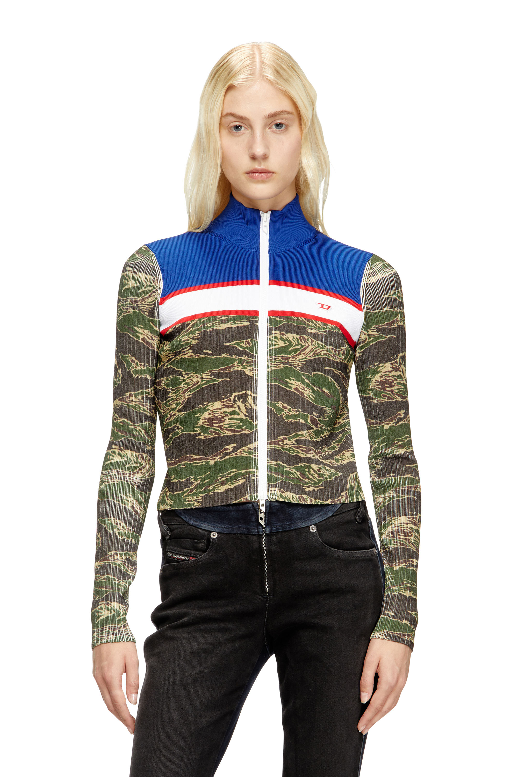 Diesel - M-CAMUT, Damen Pullover aus gerippter Viskose mit Camo-Reißverschluss in Blau/Grün - 1